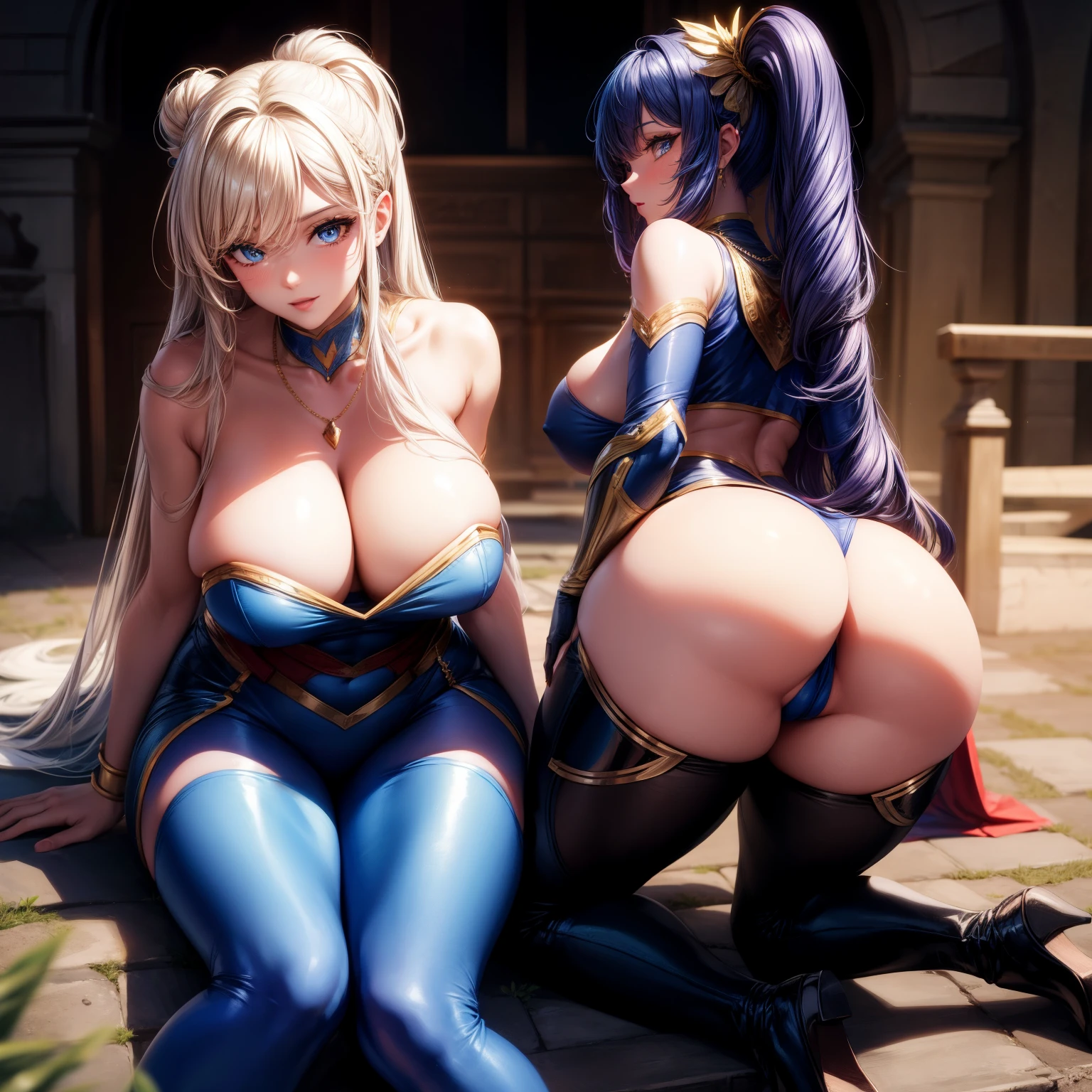 (8K ,Ultra-detailed,Best masterpiece,Nature,perfect work of art,perfect female body),two women,Sister and sister, sisters,rainbow hair,perfect face,(huge tits),neighbor wife,woman hairstyle,elegant wife,delicate and revealing ,,white skin,Europe,messy hair,perfect body,tone,Rich heterophony,,sexy,very big ,Narrow waist,big ass very detailed,Supergirl cosplay,tights,The background of the details,necklace,perfect eyes,,T-shaped small,huge big