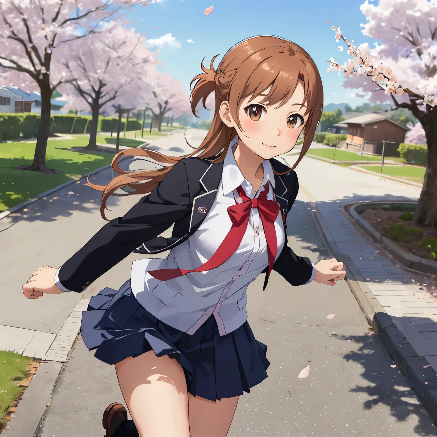 (masterpiece, best quality)  girl in school uniform running, cherry blossoms trees