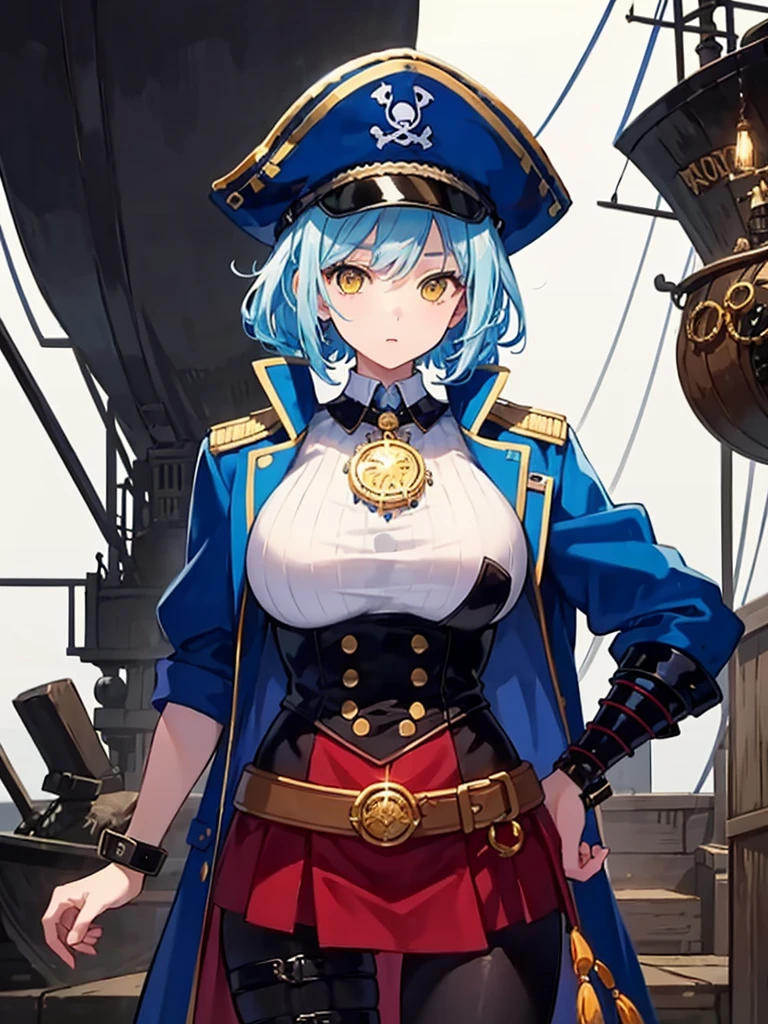 （（（masterpiece、Highest image quality、highest quality、highly detailed unity 8ｋwallpaper）））、（（Illustration of one girl、upper body））、（（（beautiful girl）））、（female pirate）、（Light light blue hair、short ponytail：1.2、yellow eyes）、（（（Right hand is a prosthetic hand、steampunk prosthetic arm）））、（（tall））、bulky figure, massive frame, thick neck, sturdy arms, powerful legs、（captain&#39;s suit、Pirate hat、Blue coat）、Pirate ship deck