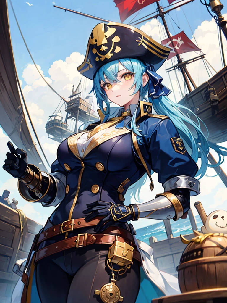 （（（masterpiece、Highest image quality、highest quality、highly detailed unity 8ｋwallpaper）））、（（Illustration of one girl、upper body））、（（（beautiful girl）））、（female pirate）、（Light light blue hair、short ponytail：1.2、yellow eyes）、（（（Right hand is a prosthetic hand、steampunk prosthetic arm）））、（（tall））、bulky figure, massive frame, thick neck, sturdy arms, powerful legs、（captain&#39;s suit、Pirate hat、Blue coat）、Pirate ship deck