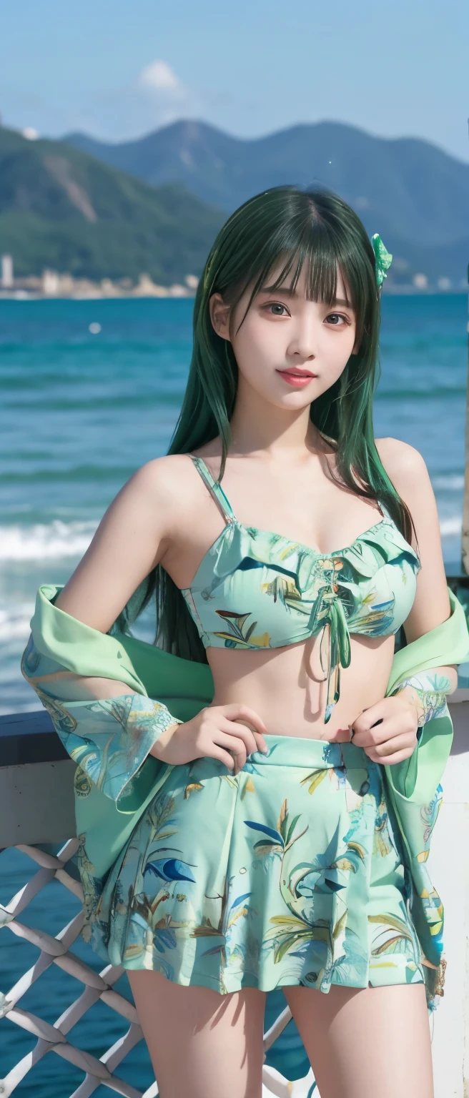 sea idol、Full body Esbian、Mini skirt kimono、swimsuit、、Fluorescent Green Hair、Fantastic sea