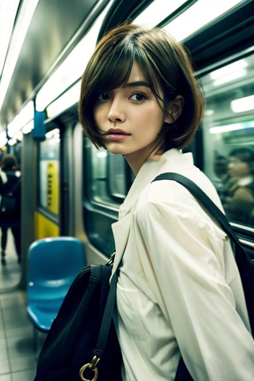 walking in the subway　very short hair　bust up photo