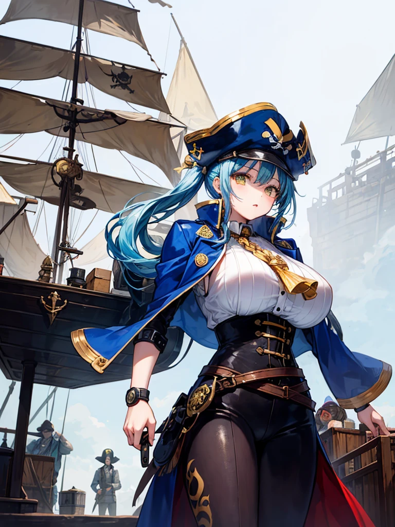 （（（masterpiece、Highest image quality、highest quality、highly detailed unity 8ｋwallpaper）））、（（Illustration of one girl、upper body））、（（（beautiful girl）））、（female pirate）、（Light light blue hair、short ponytail：1.2、yellow eyes）、（（（Right hand is a prosthetic hand、steampunk prosthetic arm）））、（（tall））、bulky figure, massive frame, thick neck, sturdy arms, powerful legs、（captain&#39;s suit、Pirate hat、Blue coat）、Pirate ship deck
