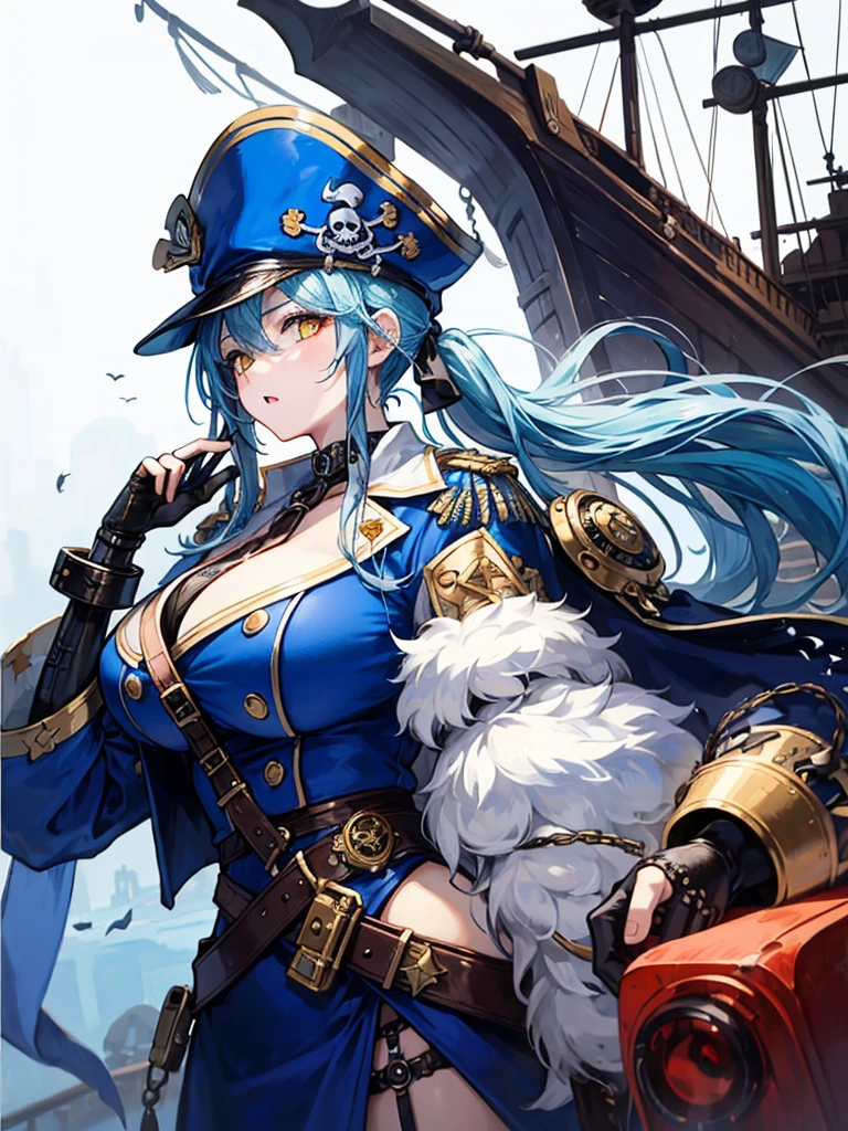 (((masterpiece、Highest image quality、highest quality、highly detailed unity 8kwallpaper)))、((Illustration of one girl、upper body))、(((beautiful girl)))、(female pirate)、(Light light blue hair、short ponytail:1.2、yellow eyes)、(((Right hand is a prosthetic hand、steampunk prosthetic arm)))、((tall))、bulky figure, massive frame, thick neck, sturdy arms, powerful legs、(captain's suit、Pirate hat、Blue coat)、Pirate ship deck