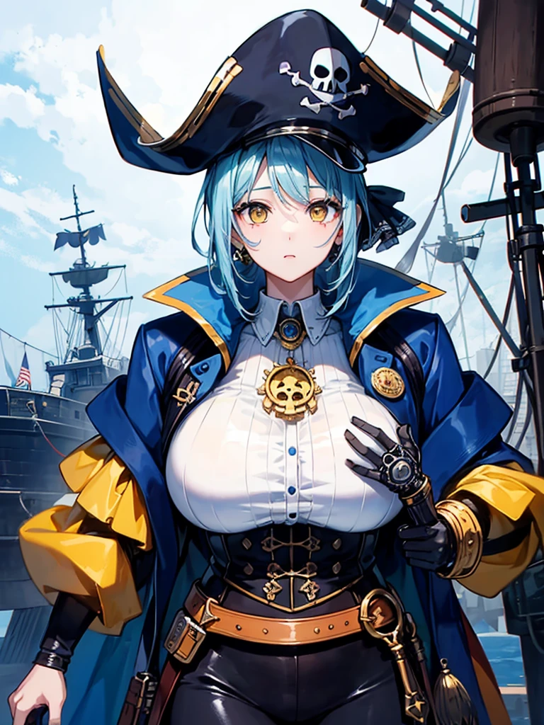 (((masterpiece、Highest image quality、highest quality、highly detailed unity 8kwallpaper)))、((Illustration of one girl、upper body))、(((beautiful girl)))、(female pirate)、(Light light blue hair、short ponytail:1.2、yellow eyes)、(((Right hand is a prosthetic hand、steampunk prosthetic arm)))、((tall))、bulky figure, massive frame, thick neck, sturdy arms, powerful legs、(captain's suit、Pirate hat、Blue coat)、Pirate ship deck
