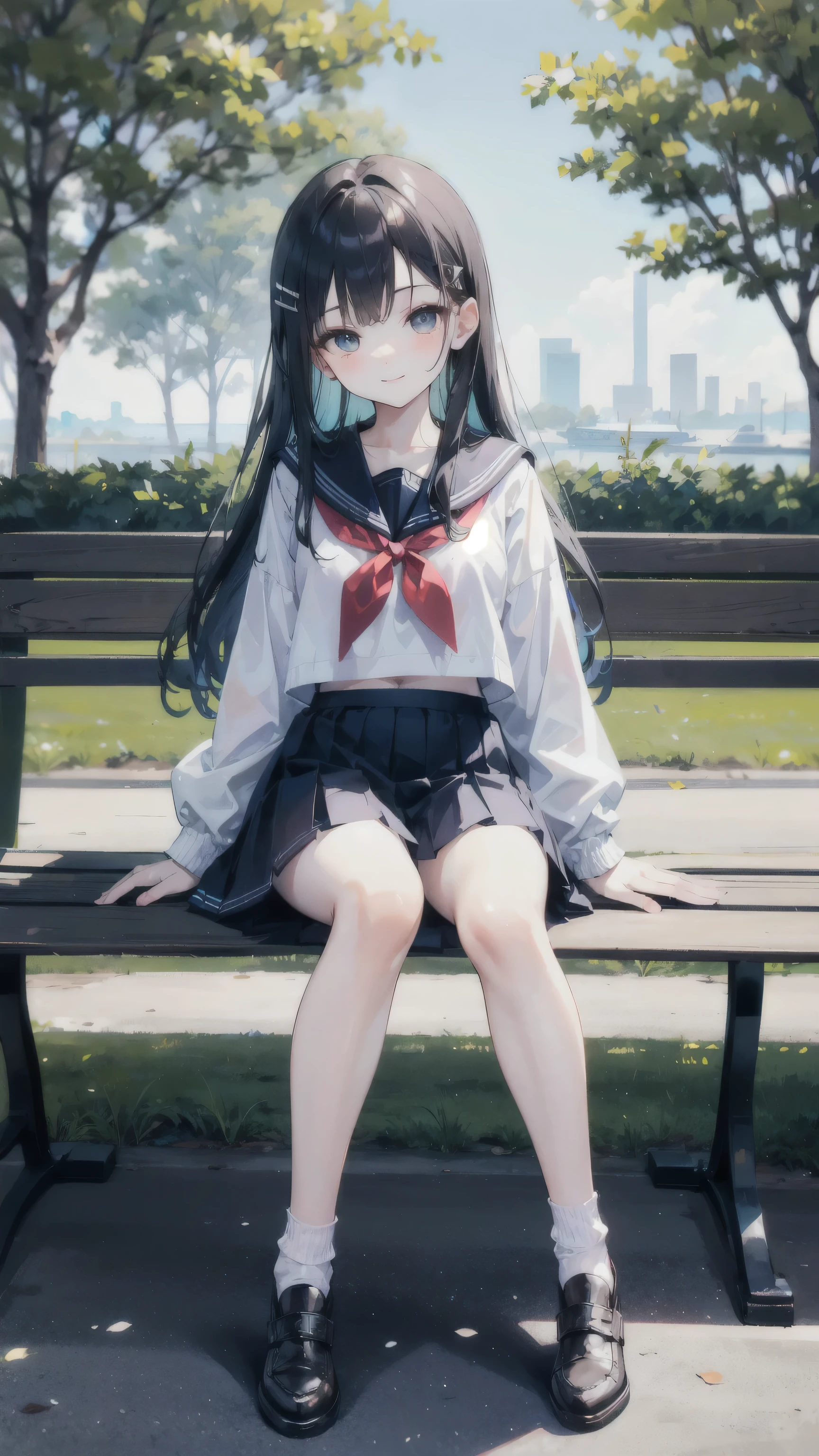 (Film portrait photography,Full body image,Beautiful two-dimensional wallpapers)(Soft professional lighting,35mm film,Photograph distant scenery:1.3,Tyndall effect:1.2)(15 year old cute :1.6,In sailor suit:1.3,Exquisite waist-to-hip ratio:1.6,White and long legs:1.3,small red lips:1.4,Wearing cute hairpins:1.4,French bangs:1.4,long hair:1.2,Wear white socks:1.2,Smiling and sleeping on a park bench:1.2)(simple picture:1.6)