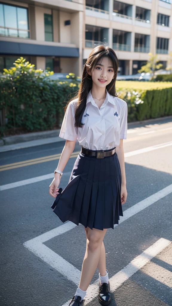 highest resolution, 8K, high definition, (((ผมlong))), Thai Students, Half Thai, half Japanese, half Korean., Age 18-25 years, Height 173 centimeters, (((stand, walk))), Beautiful face, แต่งBeautiful face, Double eyelids, red lips, smile at the corner of the mouth, beautiful eyes, Beautiful Woman, The texture is realistic., ((Slim white short-sleeved shirt, collar shirt)), ((ปักnameด้วยตัวหนังสือสีน้ำเงินที่หน้าอกเสื้อด้านขวา, name"Phonpitak Apiwatpaisansakul")), ((School logo symbol on the left chest of the shirt.)), ((big pleated skirt, dark blue, long, Close your legs completely.)), ((Navy blue skirt, พร้อมbeltผู้หญิง)), ((Huge breasts, Breast augmentation)), ((Symmetrical shape, sexy figure)), ((Thin, slim, small waist)), ((Black elementary school student shoes, Put on a watch, belt)), (((full body, Look at every part of the body.))), background, balcony in front of building, building, buildingเรียน