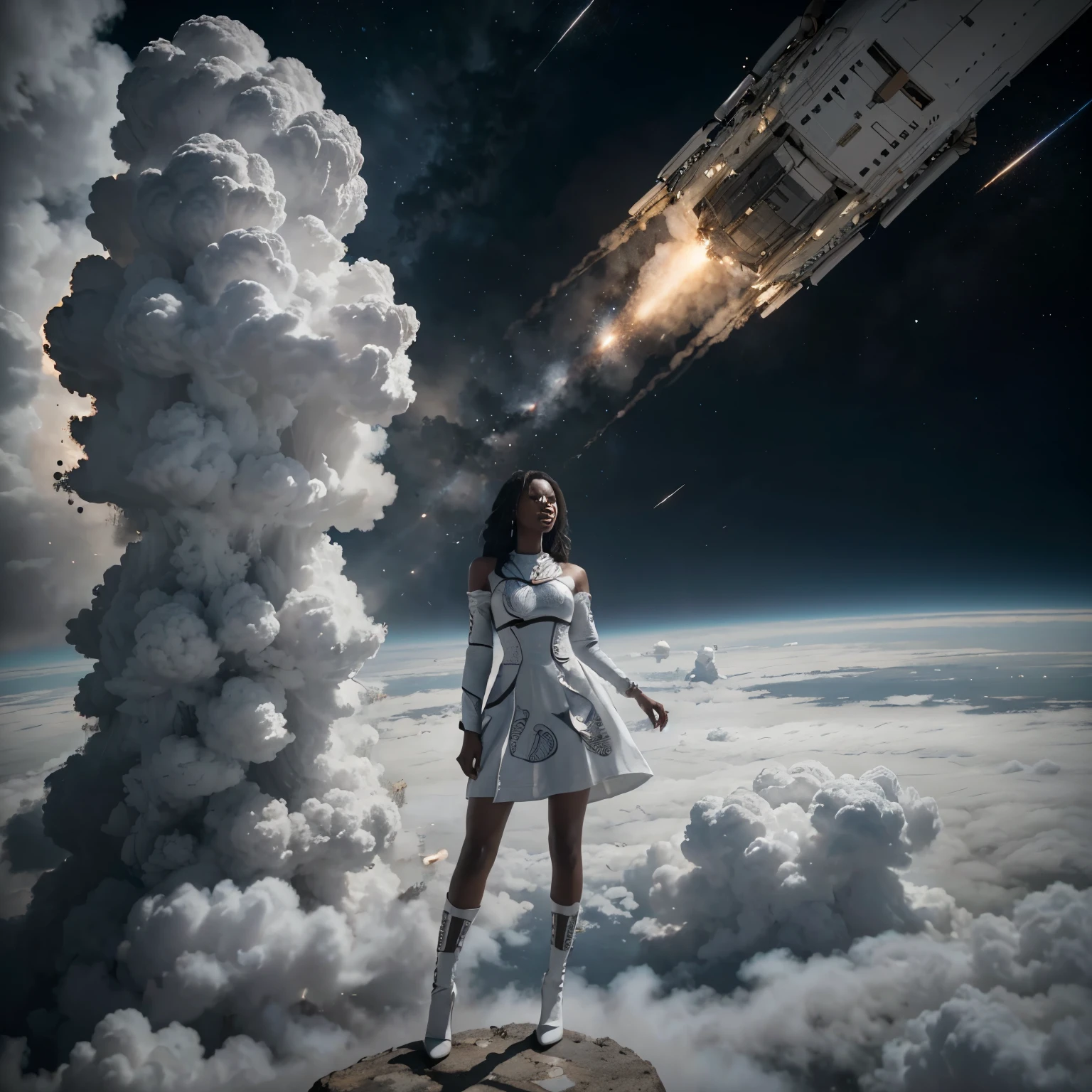 Aerial view shot of black woman standing in the clouds, wearing an African designed dress, surrounded by rockets rising from the clouds to outer space, the whole scene in white creating a grey and white colour grading, cinematic scene, artgerm style, 32k, ultra HD, unreal engine rendered, hyper-realistic image