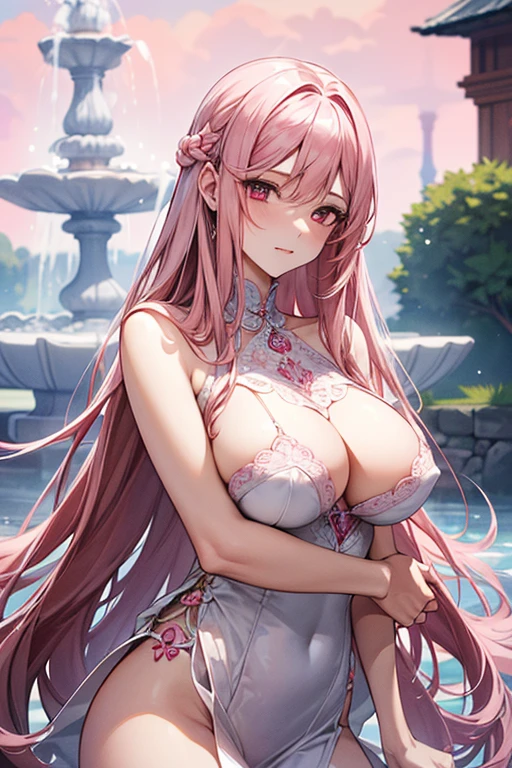 {{{{masterpiece}}}}, {{{super detailed}}}, {{{High resolution}}}, {{excellent anatomy}}, (((highest quality))), ((very delicate and beautiful)), {{very detailed and delicate}}, extremely detailed, solo, One female、best style、beautiful woman、The most beautiful woman in the world、((erotic babydoll)),((big breasts))、(((long pink hair)))、extremely detailedな瞳, solo, perfect face, pretty face, highly detailed face,Rich facial expressions、(muste piece), (best quality)、red eyes、sexy pose、sexy woman、beautiful and detailed design、nipple、Pink light、pink scenery、pink fountain、pink water surface、pink flowers々、pink fountain、Pink clouds