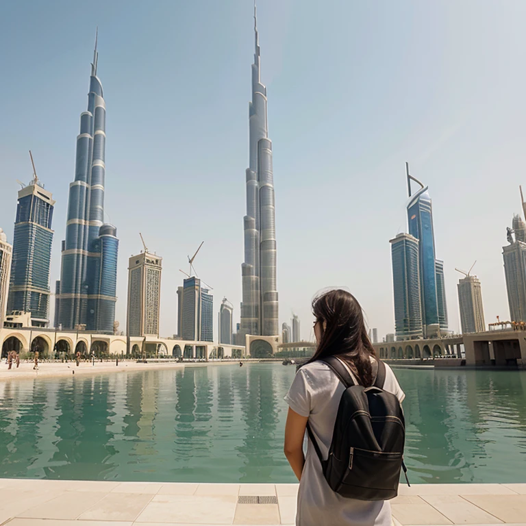 Create an illustration about a tourist, which looks at the Burj Khalifa skyscrapers in Dubai.