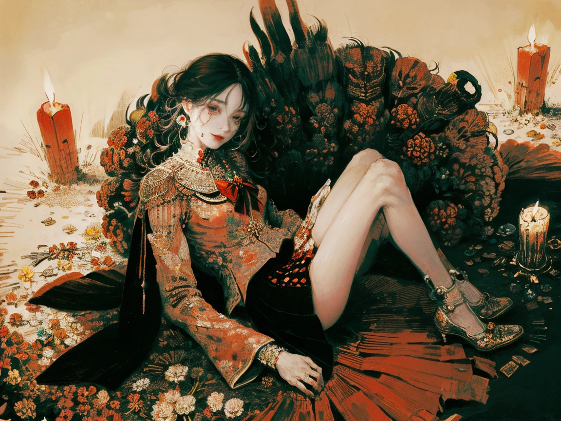 masterpiece, best quality, intricately detailed, a woman, beautiful, elegant, smile, blood, iridescent long hair, bangs, skirt, shirt, long sleeves, frills, shoes, bowtie, (red and black:1.4), flower, creepy, horror, skulls, long hair, black hair, candle, blood, hair flower, solo, hair ornament, bone, sitting, doll, skull, skeleton,  horror (theme), creepy place, eerie