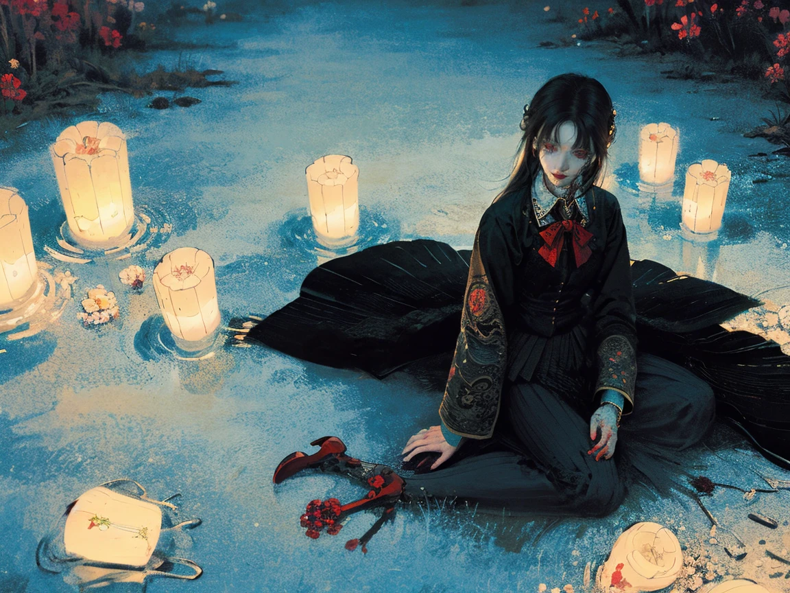 masterpiece, best quality, intricately detailed, a woman, beautiful, elegant, smile, blood, iridescent long hair, bangs, skirt, shirt, long sleeves, frills, shoes, bowtie, (red and black:1.4), flower, creepy, horror, skulls, long hair, black hair, candle, blood, hair flower, solo, hair ornament, bone, sitting, doll, skull, skeleton, horror (theme), creepy place, eerie