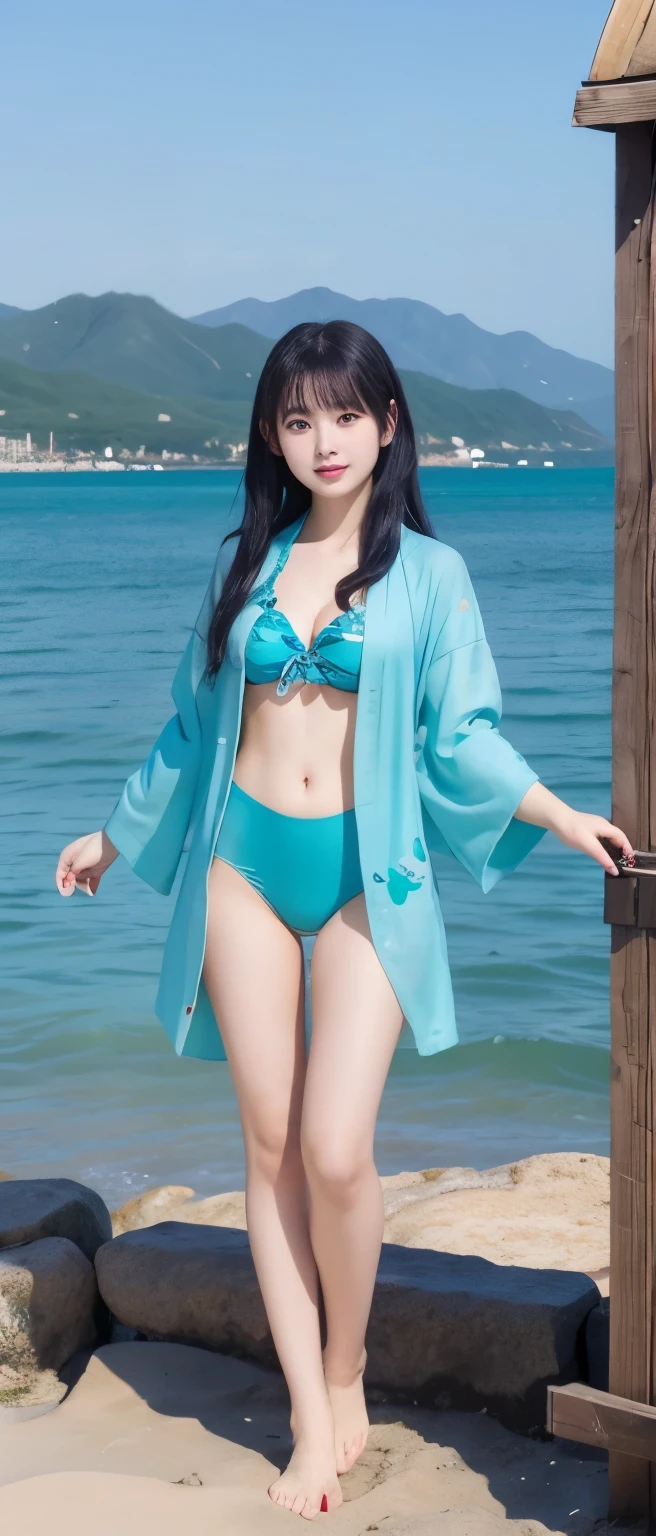 mysterious sea idol、Full body Esbian、Kimono jacket、Japanese style swimsuit、、turquoise hair、Fantastic sea