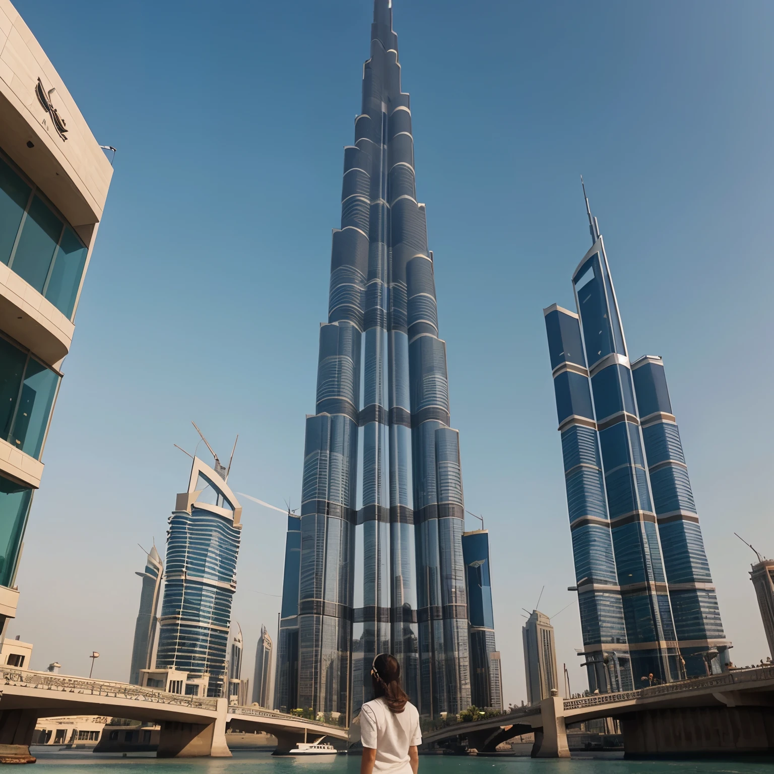 Create an illustration about a tourist, which looks at the Burj Khalifa skyscrapers in Dubai.