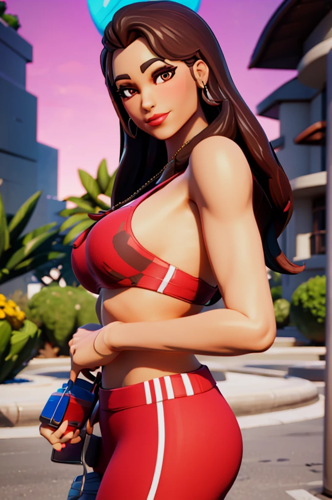 Ruby , (fortnite),1girl, solo, long hair, looking at viewer, smile, breasts, city background, butt, bare shoulders, tight shirt, closed mouth, portrait, red sweatshirt, skin tight pants, red sports pants, seductive, realistic, best quality, masterpiece, ultra detail, ultra high res, extreme detail, 8k, uhd