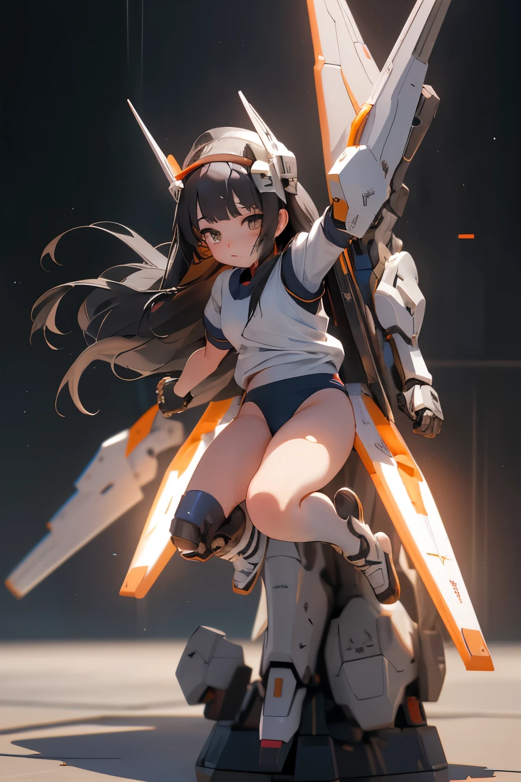 (highest quality)), ((masterpiece)), (very detailed: 1.3), 3D, {(1 young girl)}, (wear navy buruma and white gym uniform with colored hem under armor:1.3), (black hair:1.5), (She is fused with futuristic Gundam mecha:1.3), with headgear, with v-fin , armored shoulders,armored under arms, armored under legs, short sleeve, attached 2 huge weapons on back, legs mounted weapon module, camel toe,  multilayer textureperfect proportions, octane rendering, duotone lighting, Low ISO, wide aperture, White balance, Rule of thirds, ultra HD16k, HDR (High Dynamic Range), Ray Tracing, NVIDIA RTX, Super Resolution, Subsurface Scattering, PBR Texturing, Post Processing, Anisotropic Filtering, Depth of Field, Maximum Clarity and Clarity, High efficiency subpixel, subpixel convolution, particles of light, light scattered, Tyndall effect, full body:1.5, (face-off sex position:1,3, open legs), , cute, (cute:1.2), (long hair:1.3),太い眉毛, 薄い色の虹彩, 大きくて輝いている黒い瞳, 長いまつげ, 小さく薄い色の自然な唇, (Average face of Japanese idols), (日本人特有の童顔:1.3), (), 広いおでこ:1.2, ふっくらした頬, 小さな顎, in the hangar,looking at viewer,Focus on the eyes , (完璧な4本の指, 親指1本),