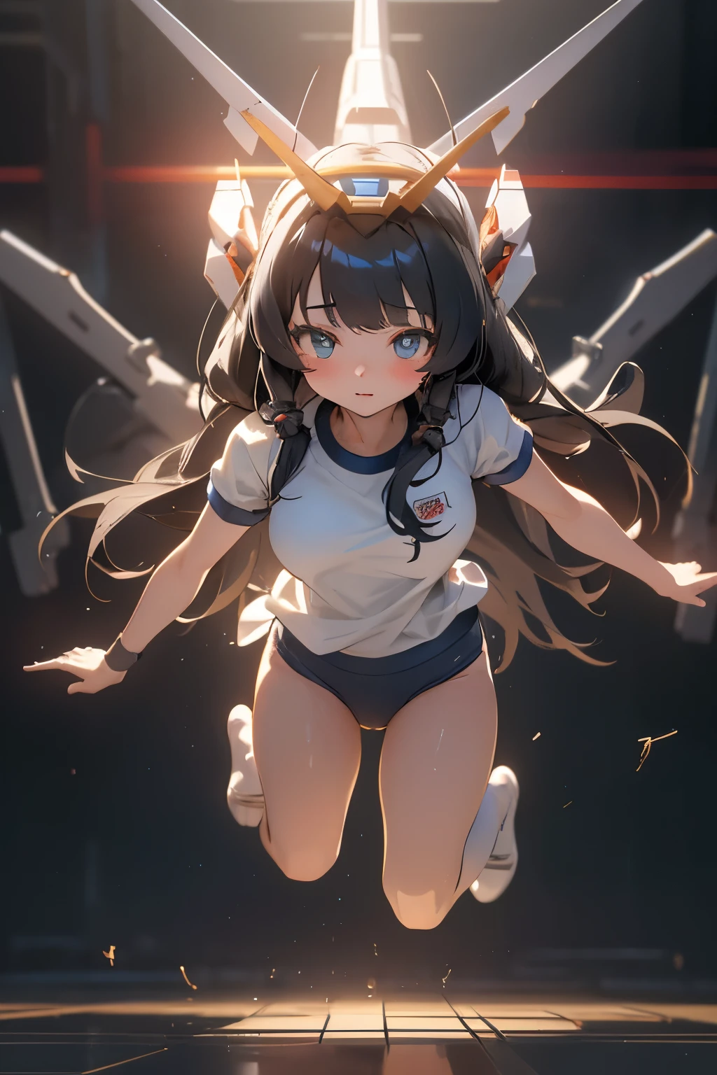 (highest quality)), ((masterpiece)), (very detailed: 1.3), 3D, {(1 young girl)}, (wear navy buruma and white gym uniform with colored hem under armor:1.3), (black hair:1.5), (She is fused with futuristic Gundam mecha:1.3), with headgear, with v-fin , armored shoulders,armored under arms, armored under legs, short sleeve, attached 2 huge weapons on back, legs mounted weapon module, camel toe, multilayer textureperfect proportions, octane rendering, duotone lighting, Low ISO, wide aperture, White balance, Rule of thirds, ultra HD16k, HDR (High Dynamic Range), Ray Tracing, NVIDIA RTX, Super Resolution, Subsurface Scattering, PBR Texturing, Post Processing, Anisotropic Filtering, Depth of Field, Maximum Clarity and Clarity, High efficiency subpixel, subpixel convolution, particles of light, light scattered, Tyndall effect, full body:1.5, (face-off sex position:1,3, open legs), , cute, (cute:1.2), (long hair:1.3),太い眉毛, 薄い色の虹彩, 大きくて輝いている黒い瞳, 長いまつげ, 小さく薄い色の自然な唇, (Average face of Japanese idols), (日本人特有の童顔:1.3), (baby face), 広いおでこ:1.2, ふっくらした頬, 小さな顎, in the hangar,looking at viewer,Focus on the eyes , (完璧な4本の指, 親指1本),