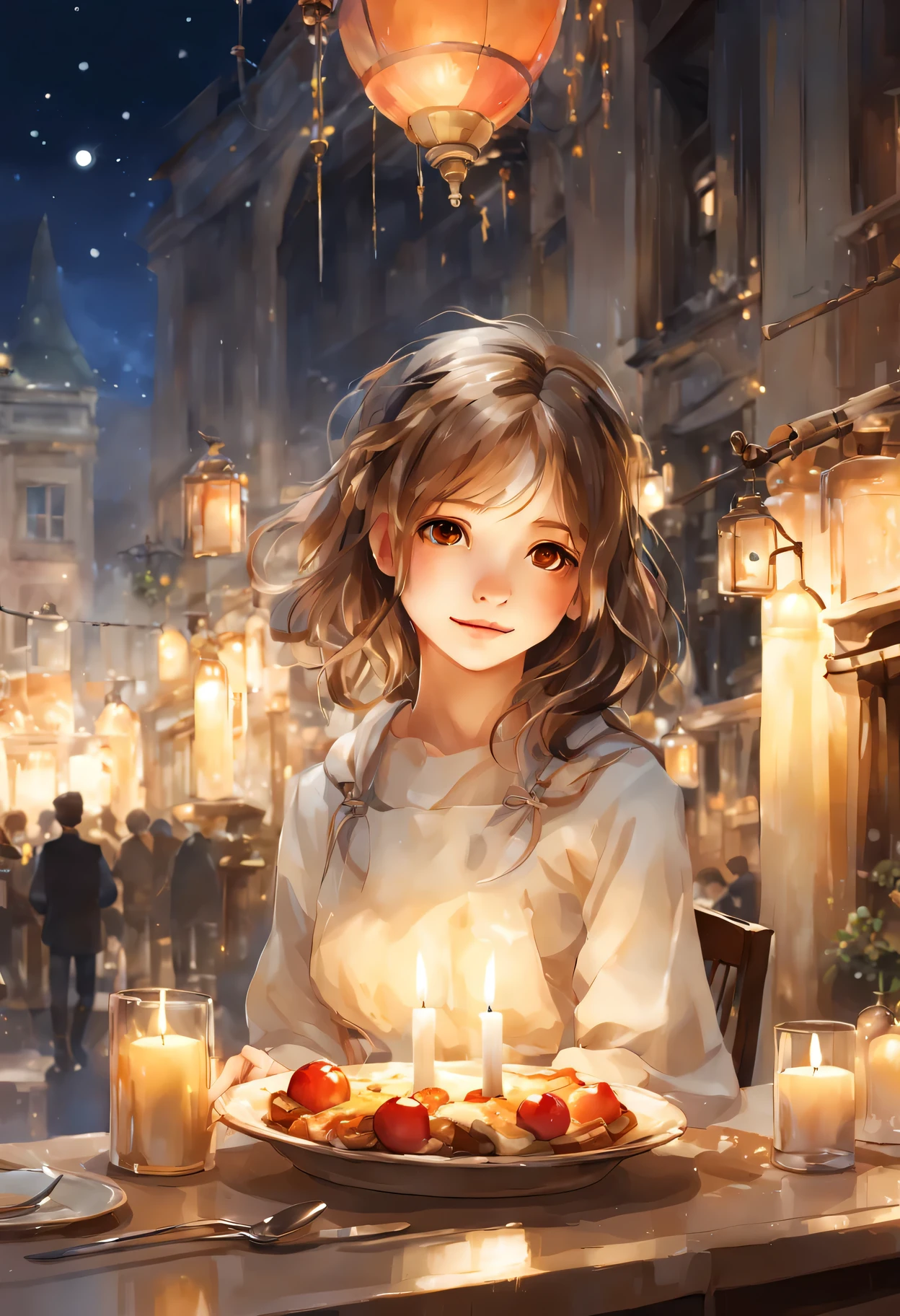 (masterpiece, highest quality, Super detailed, Very detailed CG), 1girl、 setting: Dinner at a restaurant or cafe,
scene: at a nice dinner table、Candlelight gives light。
prompt: By the time you finish eating dessert、美しいgirlは手作りのチョコレートや小さなギフトボックスを差し出す。「thank you for the wonderful night。this is a little surprise for you。」 colorful, warm halo, null, watercolor, wide shot.