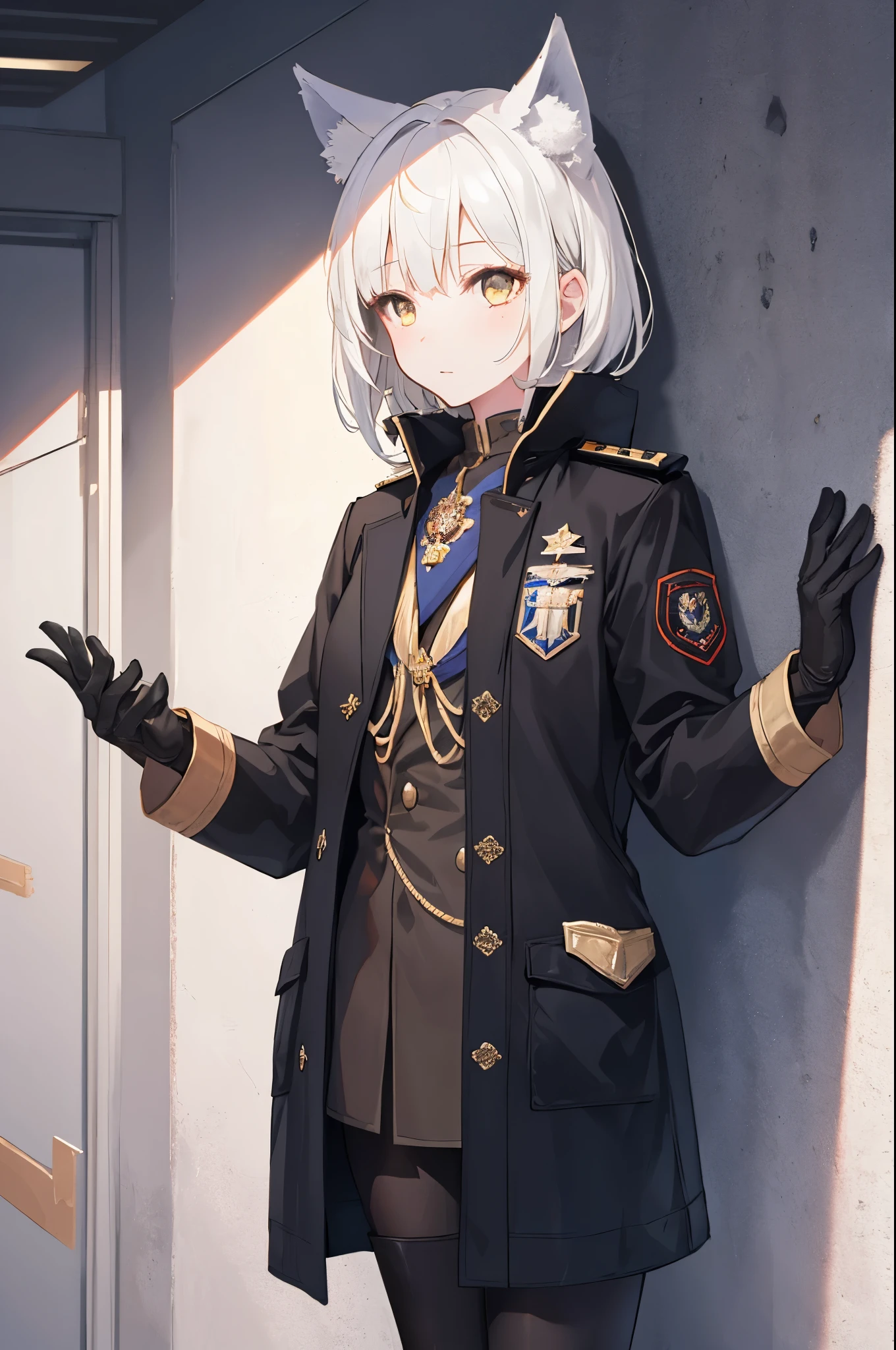 Masterpiece,1girl, Solo, standing, inside a spaceship, brown military officer clothes,white gloves, best quality, commander, brown coat, black boots, hands on the pocket, cowboy shots, gold badge, white hair, wolf ears,brown ears, short hair, mechanical ears, gold emblem on the wall