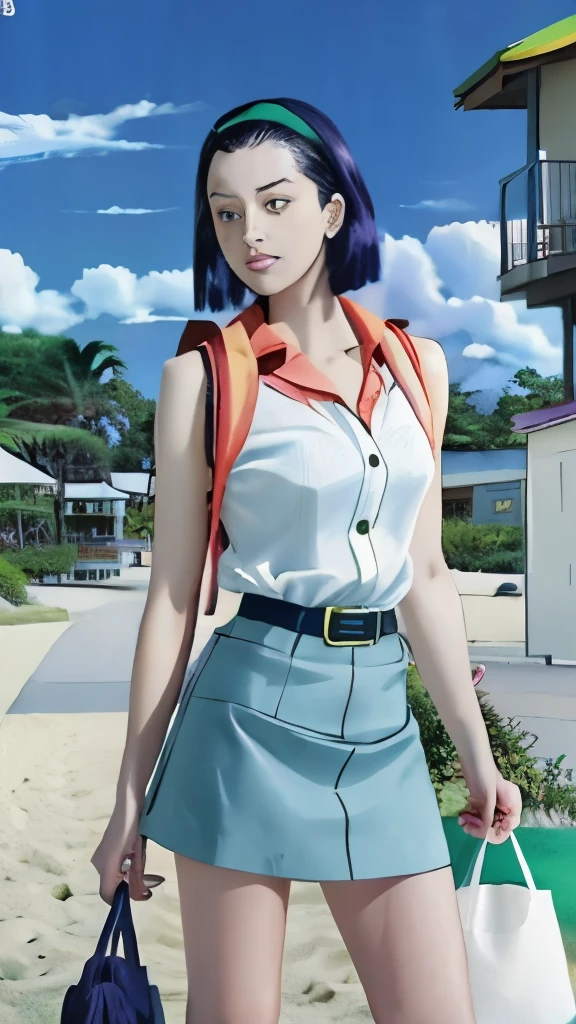 a woman in a skirt is standing on a beach, rei hiroe black lagoon manga, anime visual of a young woman, full color manga visual style, coloured manga scan, nico robin, inspired by Kusumi Morikage, fubuki, tsubasa nakai's style, inspired by Rei Kamoi, aya takano color style, sui ishida art manga