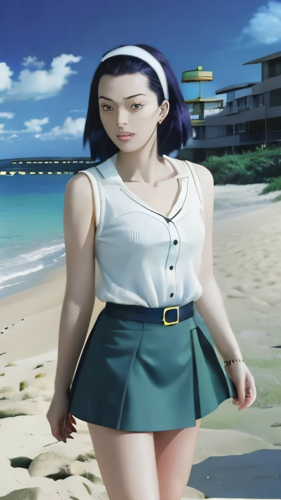 a woman in a skirt is standing on a beach, rei hiroe black lagoon manga, anime visual of a young woman, full color manga visual style, coloured manga scan, nico robin, inspired by Kusumi Morikage, fubuki, tsubasa nakai's style, inspired by Rei Kamoi, aya takano color style, sui ishida art manga