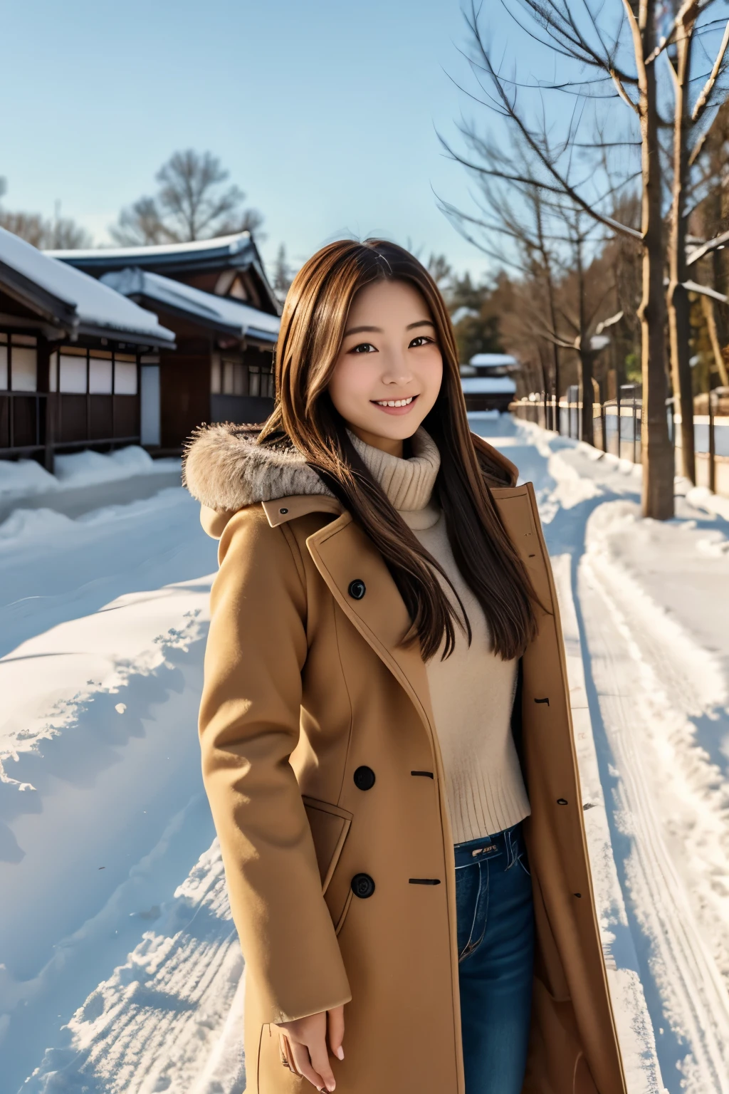 Japanese beauty brown hair long hair Fitted clothes thick cover bright sunshine snow scene Looking towards me and smiling facing forward highest quality Finished product Winter clothes wearing a coat