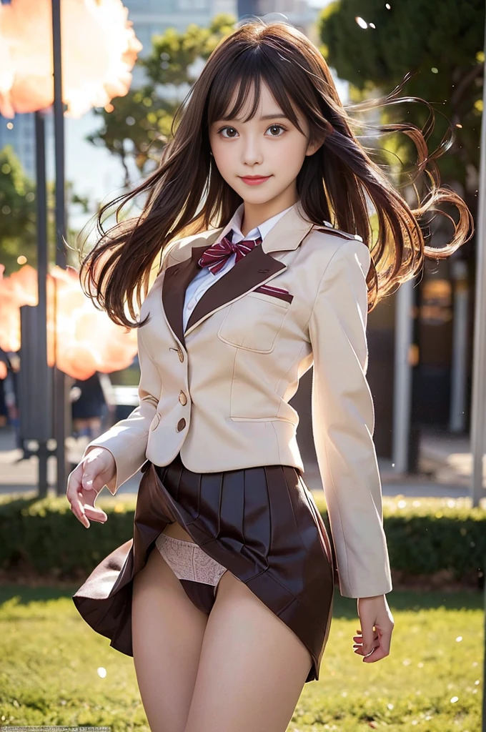masutepiece, Best Quality, Illustration, Ultra-detailed, finely detail, hight resolution, 8K Wallpaper, Perfect dynamic composition, Beautiful detailed eyes,Natural Color Lip, Random and sexy poses,Looking at the camera,masutepiece, Best Quality, Illustration, Ultra-detailed, finely detail, hight resolution, 8K Wallpaper, Perfect dynamic composition, Beautiful detailed eyes,Medium Hair, Natural Color Lip,Smile,(wearing a brown school blazer uniform:1.3),(longhair:1.3),standing in the park,(The wind blows and lifts up the brown skirt,Panties can be seen:1.6),cowboy_shot,18 years girl,backlighting
