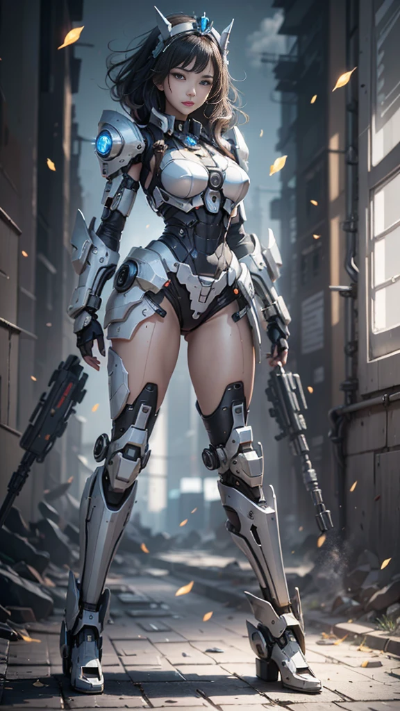 ((Best Quality)), ((Masterpiece)), (Very Detailed: 1.3), 3D, Icaru valkirie-mecha, Beautiful cyberpunk woman wearing crown, with master chef style armor, sci-fi technology, HDR (High Dynamic Range), ray tracing, nvidia RTX, super resolution, unreal 5, subsurface scattering, PBR texture, post-processing, anisotropic filtering, depth of field, maximum sharpness and sharpness, multi-layer texture, Specular and albedo mapping, surface shading, accurate simulation of light-material interactions, perfect proportions, octane rendering, duotone lighting, low ISO, white balance, rule of thirds, wide aperture, 8K RAW, high efficiency subpixels, subpixel convolution, light particles, light scattering, Tyndall effect, very sexy, full body,holding gun,battle pose, black hair with braids,