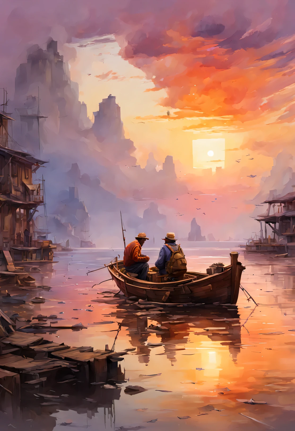 （masterpiece, highest quality, Super detailed, Very detailed CG, beautiful scenery, floating, dynamic angle,  old fisherman、Wooden vessels、Ocean、fisherman&#39;profile、colorful, 1.1), pink:1.2, red:0.9, orange:1.0, purple:0.9, yellow:0.9), best sunset, colorful, warm halo, null,  watercolor, wide shot.  