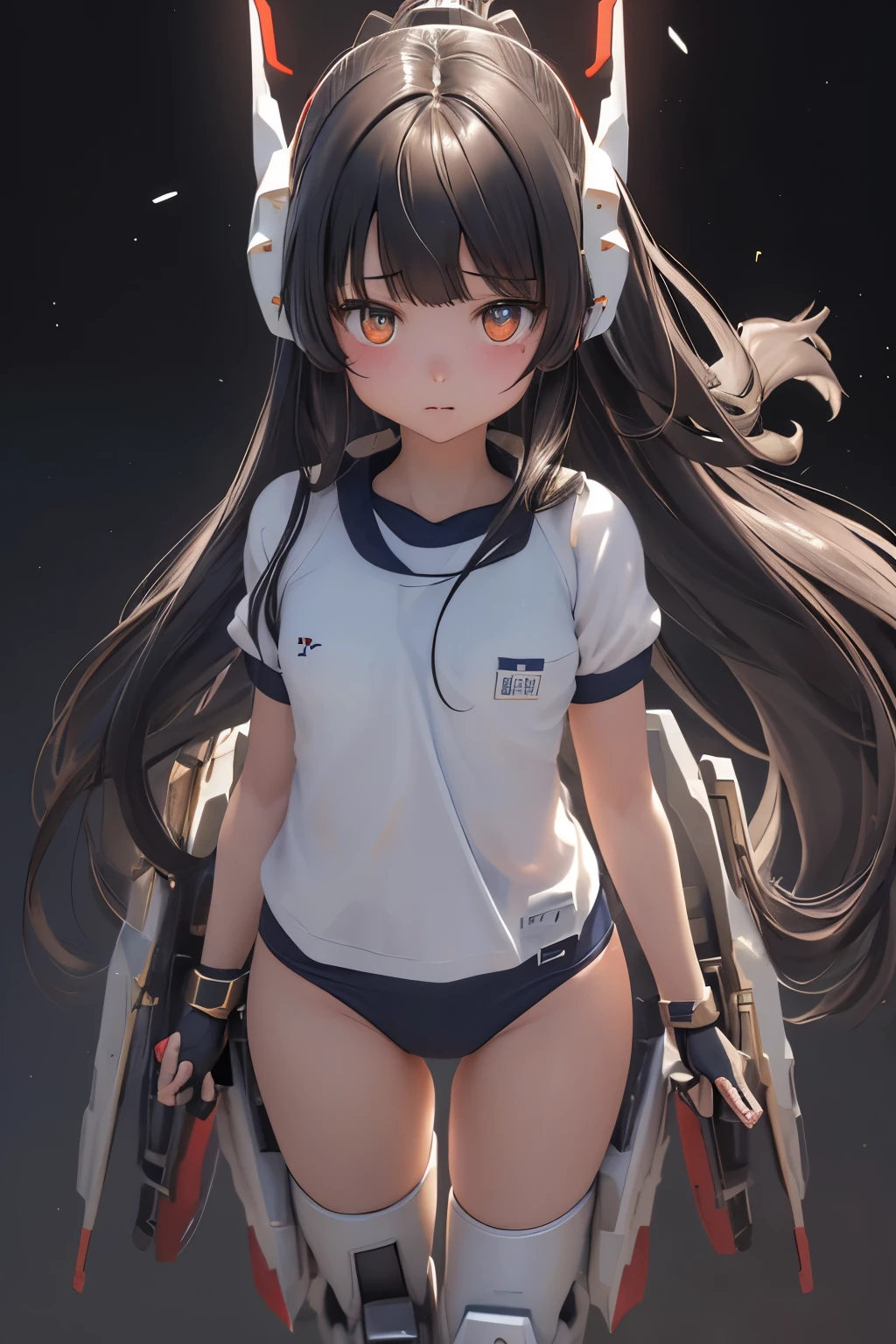 (highest quality), ((masterpiece)), (very detailed: 1.3), 3D, {(1 young girl)}, (wear navy buruma and white gym uniform with colored hem under armor:1.3), (black hair:1.5), (She is fused with futuristic Gundam mecha:1.3), with headgear, with v-fin , armored shoulders,armored under arms, armored under legs, short sleeve, attached 2 huge weapons on back, legs mounted weapon module, camel toe, multilayer textureperfect proportions, octane rendering, duotone lighting, Low ISO, wide aperture, White balance, Rule of thirds, ultra HD16k, HDR (High Dynamic Range), Ray Tracing, NVIDIA RTX, Super Resolution, Subsurface Scattering, PBR Texturing, Post Processing, Anisotropic Filtering, Depth of Field, Maximum Clarity and Clarity, High efficiency subpixel, subpixel convolution, particles of light, light scattered, Tyndall effect, full body:1.5, (face-off sex position:1,3, open legs), , cute, (cute:1.2), (long hair:1.3),太い眉毛, 薄い色の虹彩, 大きくて輝いている黒い瞳, 長いまつげ, 小さく薄い色の自然な唇, (Average face of Japanese idols), (日本人特有の童顔:1.3), (baby face), 広いおでこ:1.2, ふっくらした頬, 小さな顎, in the hangar,looking at viewer,Focus on the eyes , (完璧な4本の指, 親指1本),