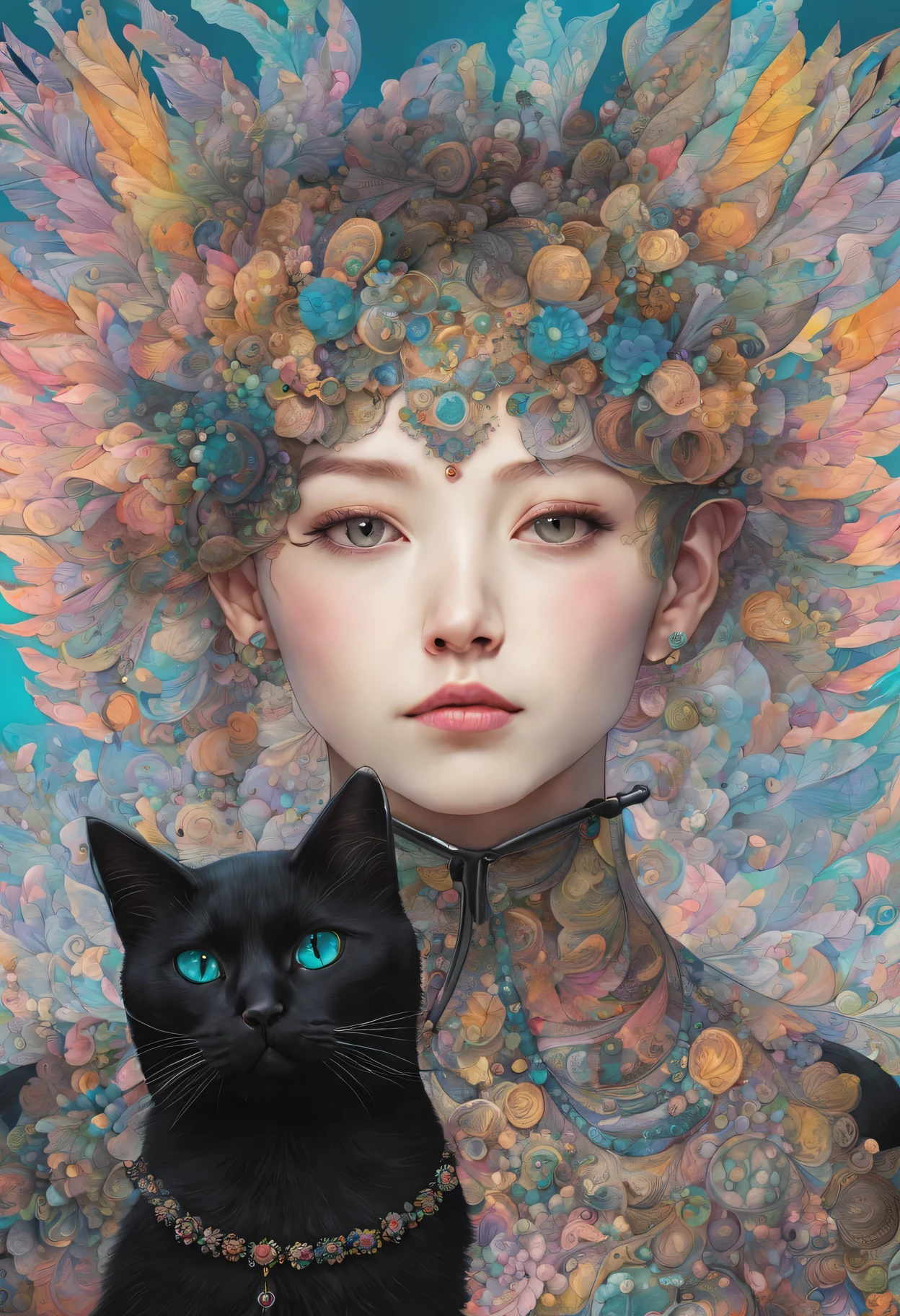 dynamic composition、(masterpiece、最high quality、最high quality、official art、beautiful beautiful:1.2)、(Black cat:1.3)、shining eyes、、tattoo, very detailed、(fractal art:1.3)、(colorful:1.1), (wing柄:1.3)、most detailed、(zentangle:1.4)、portrait、(abstract background:1.3)、(shiny skin)、(pastel colour:1.4)、、(ear nipple rings)、(wing:1.5)、works of masters,high quality,8K resolution,super fine,Fine pubic hair,acura,cinematic lighting,
