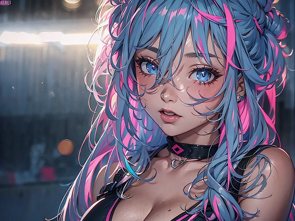 highly be familiar with, 8K, masterpiece, 1 girl, Blue-pink_hair, nude, 笑face, (perfection_face), bound, close, BDSM, upon_return, Brilliant, Complex, dramatic lighting, 4K, be familiar with_returnground, caustics, full_body,  