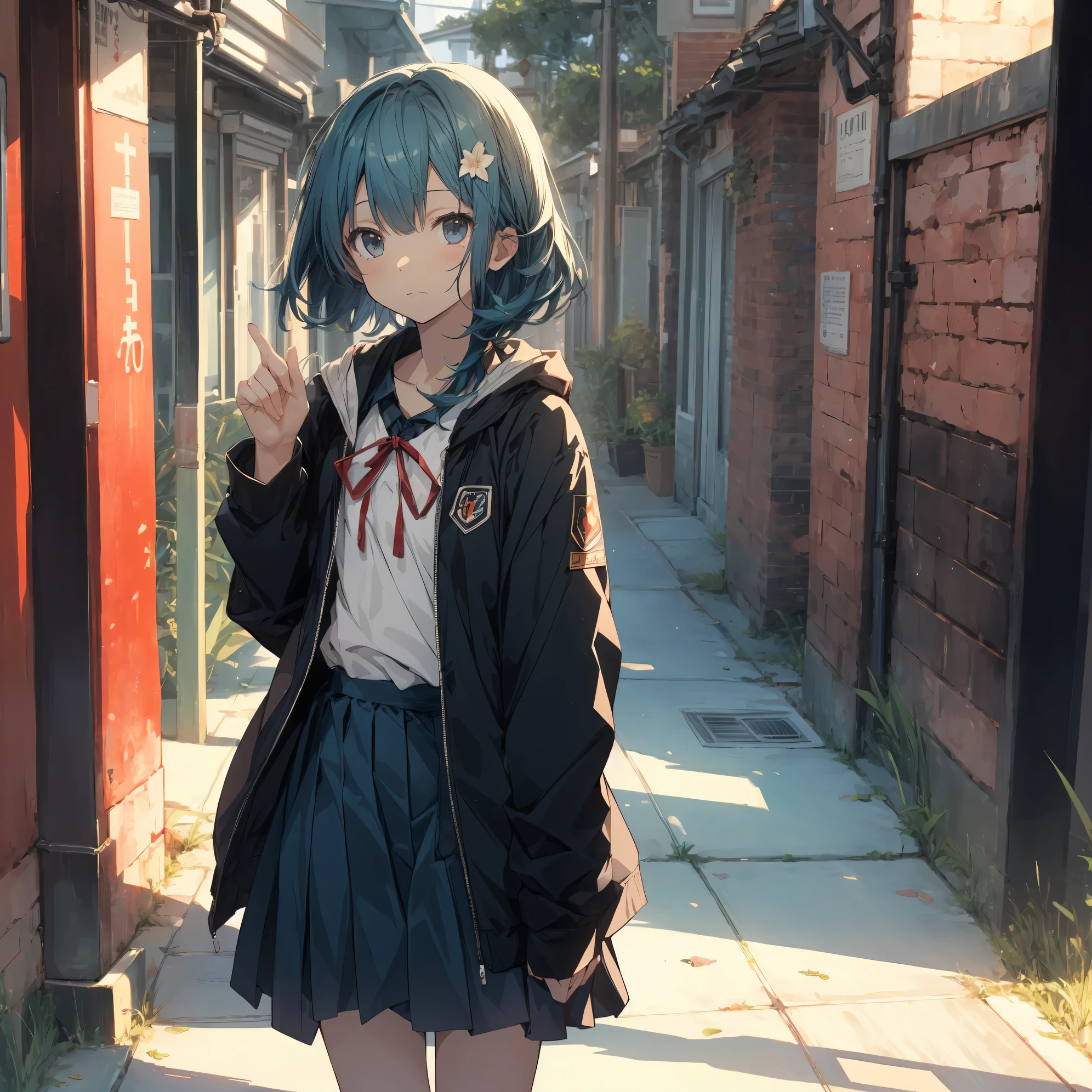 Super high quality by the art god, super detailed, High resolution, Shinkai Makoto style, anime moe art style, best anime 8K konachan wallpaper, pixiv contest winner, perfect anatomy, break,(眠そうにalone学校へ行く女の子を描いてください. ),break, surreal high school girl, (alone,lolita, , :1.3),All limbs, full finger,, androgynous charm, (very short hair), messy hair, flat chest, , small ass, between legs, Small black eyes,hanme,beautiful and fine eyes, Well-proportioned iris and pupils, disgusted eyes, High resolutionの詳細な髪, wearing school uniform, (skirt), On the way to school. break,super dense skin, Best lighting by famous artists, 8K, cute illustration,