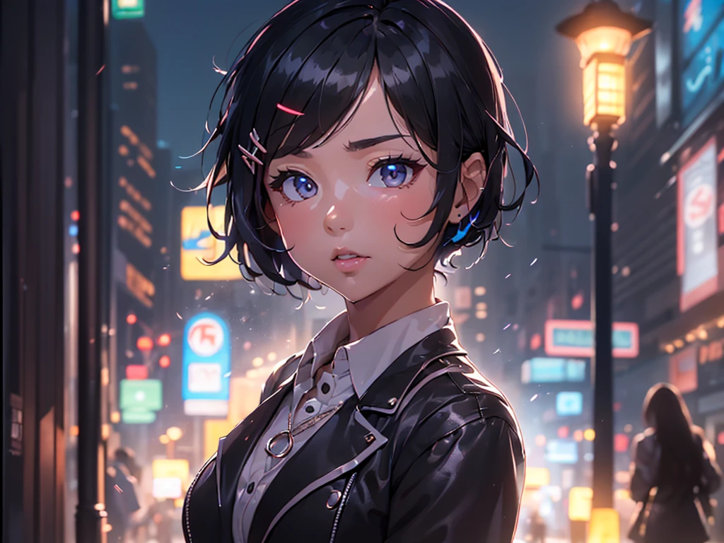 cute young woman, short black hair, brown eyes, Queen,Pleated skirt suit,street light,neon,Bustling street background,(belly button:1.1,princess eyes), noble, royalty, high quality, masterpiece, very detailed