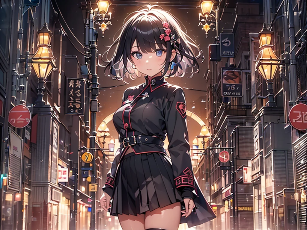 cute young woman, short black hair, brown eyes, Queen,Pleated skirt suit,street light,neon,Bustling street background,(belly button:1.1,princess eyes), noble, royalty, high quality, masterpiece, very detailed