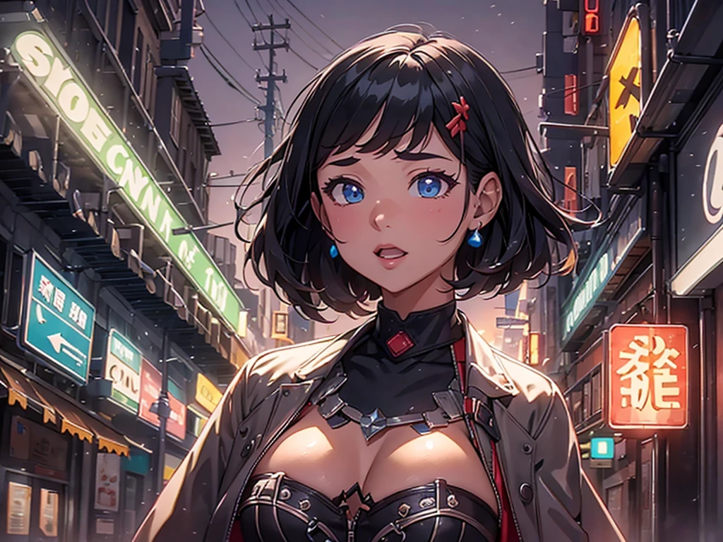 cute young woman, short black hair, brown eyes, Queen,Pleated skirt suit,street light,neon,Bustling street background,(belly button:1.1,princess eyes), noble, royalty, high quality, masterpiece, very detailed