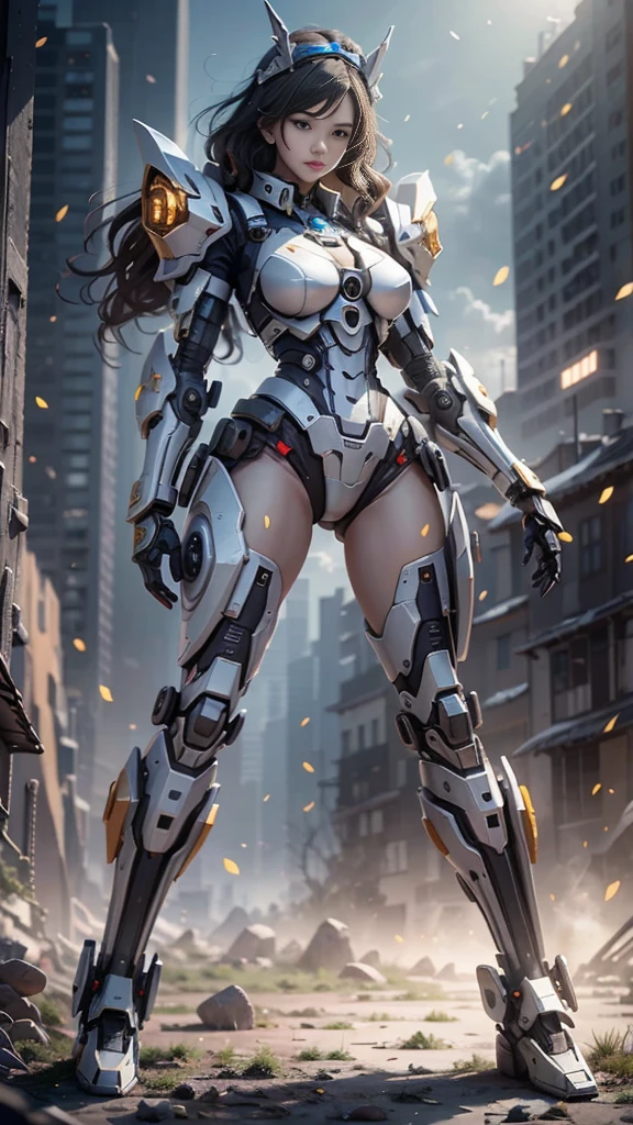 ((Best Quality)), ((Masterpiece)), (Very Detailed: 1.3), 3D, Icaru valkirie-mecha, Beautiful cyberpunk woman wearing crown, with master chef style armor, sci-fi technology, HDR (High Dynamic Range), ray tracing, nvidia RTX, super resolution, unreal 5, subsurface scattering, PBR texture, post-processing, anisotropic filtering, depth of field, maximum sharpness and sharpness, multi-layer texture, Specular and albedo mapping, surface shading,  accurate simulation of light-material interactions, perfect proportions, octane rendering, duotone lighting, low ISO, white balance, rule of thirds, wide aperture, 8K RAW, high efficiency subpixels, subpixel convolution, light particles, light scattering, Tyndall effect, very sexy, full body,holding long sword,battle pose, black hair with braids,