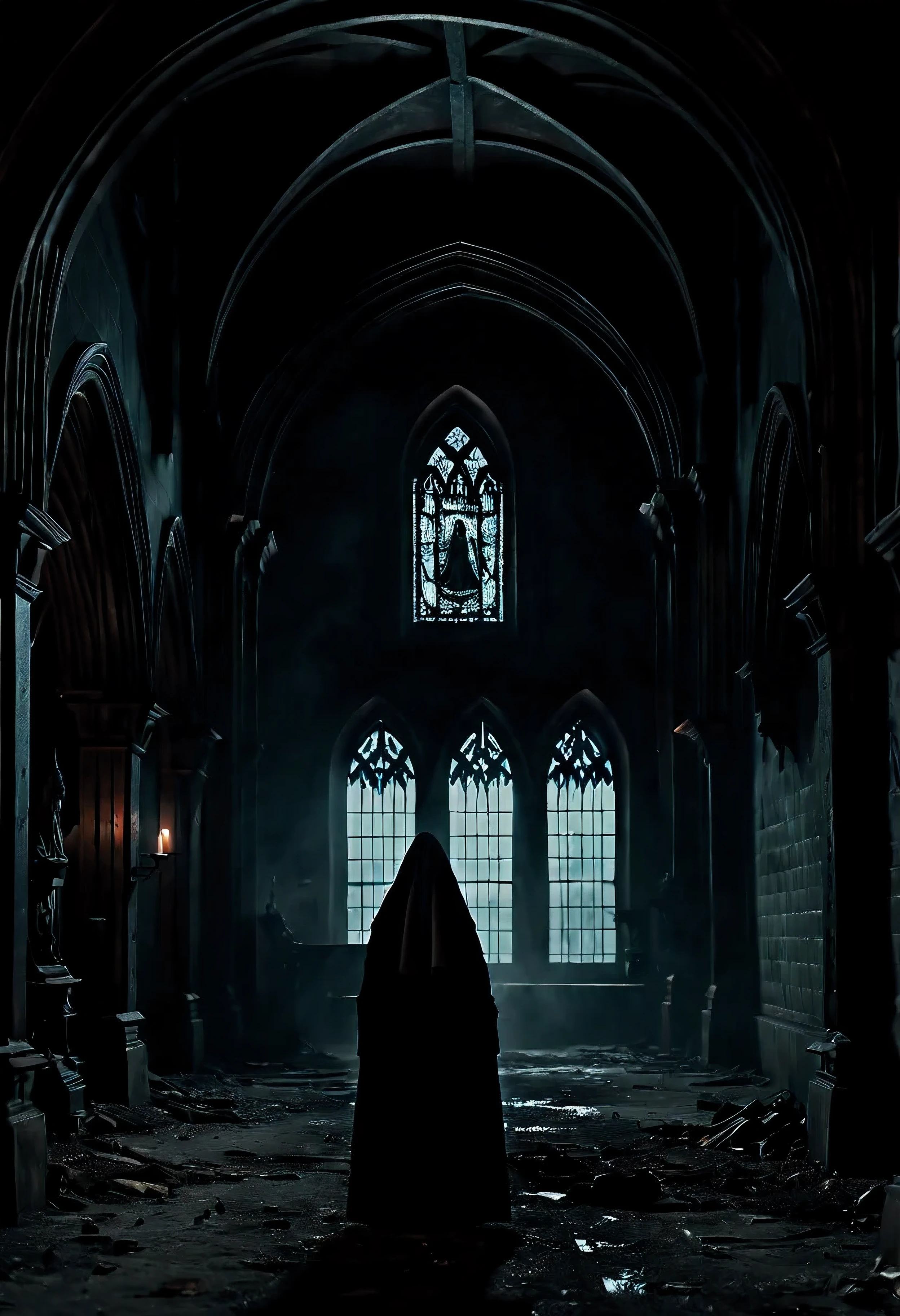 "(best quality, highres, ultra-detailed), eerie atmosphere, horror setting, The Nun movie style, dark shadows, dimly lit, gothic architecture, haunting presence, mysterious figures, foggy ambiance, chilling silence, suspenseful mood, ghostly apparitions, creepy atmosphere, supernatural elements, eerie lighting, ominous presence, unsettling scene, eerie silence, suspenseful ambiance, haunting visuals"