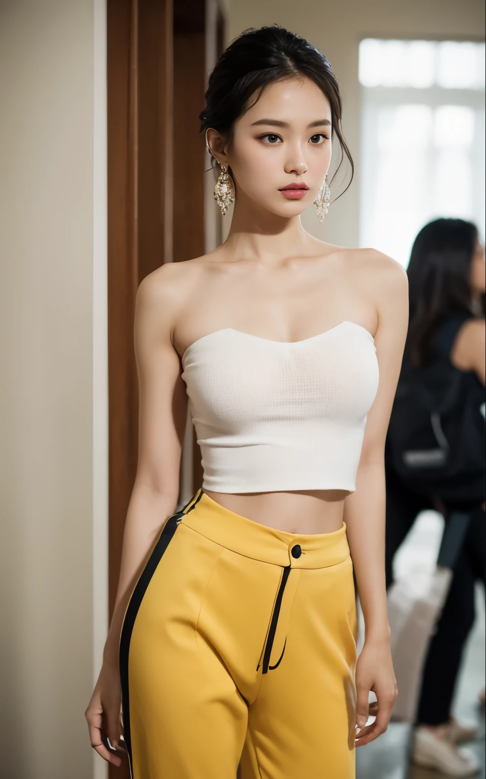 masterpiece, best quality, solo, 1girl, luminous skin, hoop earrings, glamorous, whimsical details, slicked hair, mesmerizing, bare shoulder, crop top, long pants, shallow depth of field, contrapposto, professional model, face front, portrait
