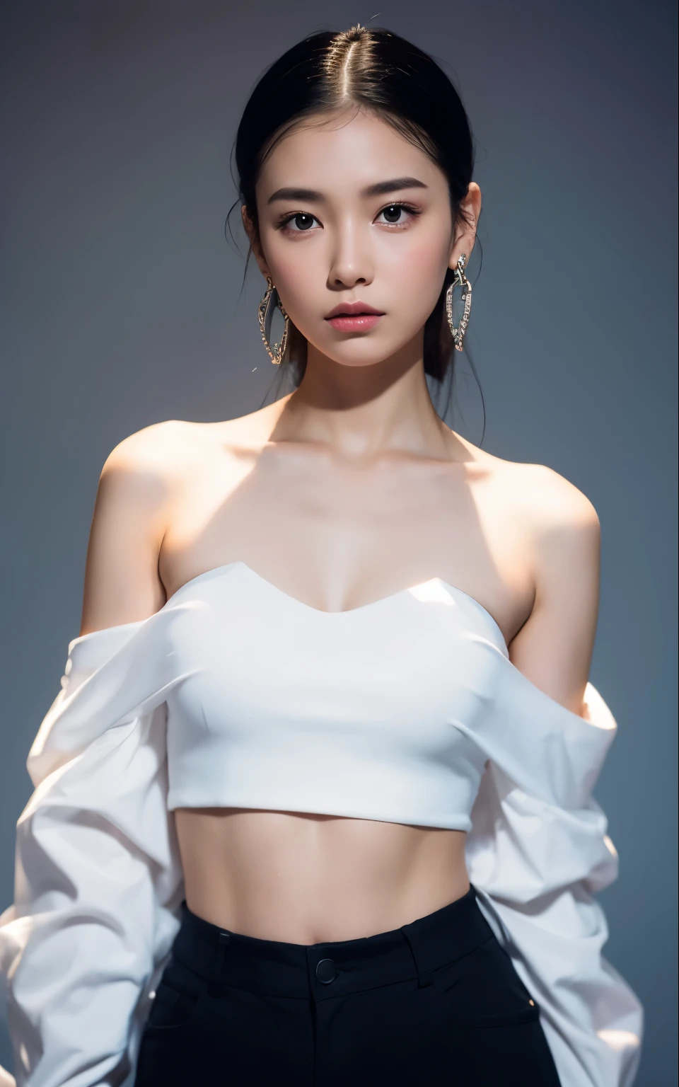 (Best quality, 8K, 32K, Masterpiece, hyper HD:1.2),Photo of Pretty Japanese woman in the, 1girll, (medium-short dark brown hair), 二重まぶた, Fashion model, Beautiful legs, Unique extra-long very wet white slit dress, cropped shoulders, Gold belt, choker necklace, Stand tall, running track, Huge stage, Paris Collection, NSFW, full bodyesbian, Armpit hair,