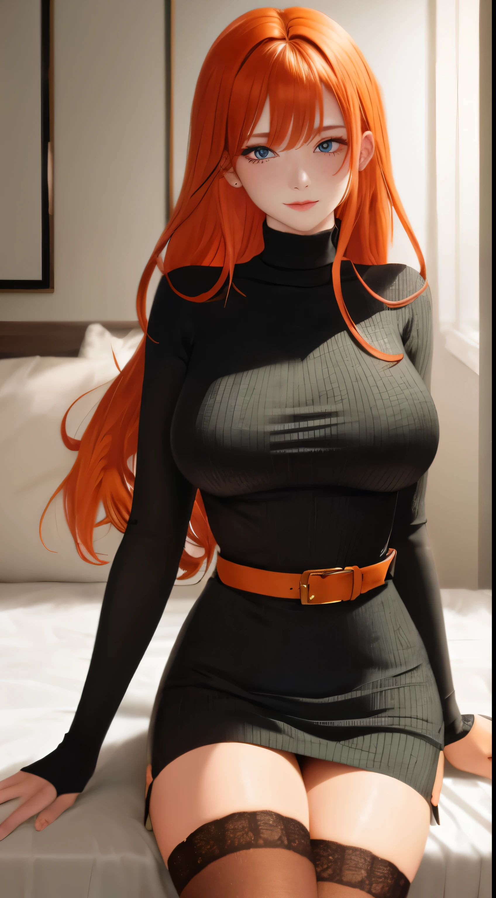 milf, masterpiece, best quality, ultra-detailed, beautiful lighting, 1girl, orange hair, green eyes, freckles, turtleneck, looking at viewer, detalized black stockings with a belt
