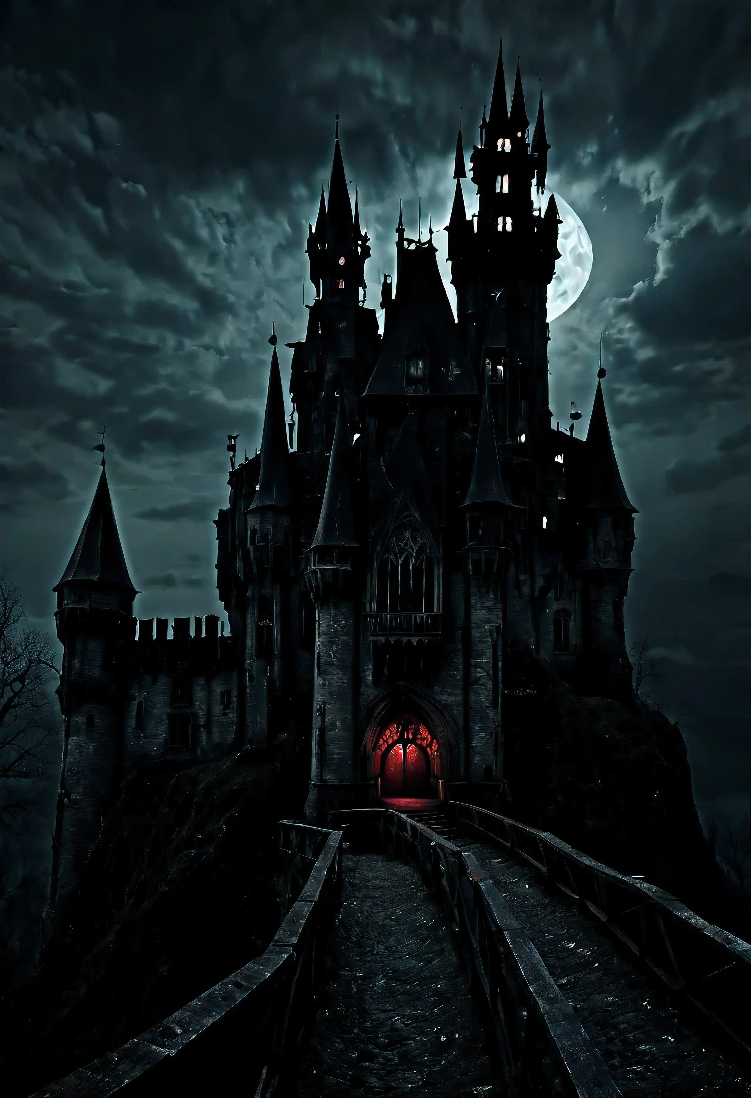 (main subject) eerie places, horror movie setting, Dracula castle style
(material) dark and haunting illustrations, gothic, mysterious 
(additional details) foggy atmosphere, creepy shadows, eerie sounds echoing, old and decaying architecture, moonlit sky
(image quality) (best quality, highres), ultra-detailed, (photorealistic:1.37)
(art style) horror, gothic, dark fantasy
(color tone) dark and desaturated with pops of deep red 
(light) dimly lit by flickering candlelight, casting eerie and elongated shadows