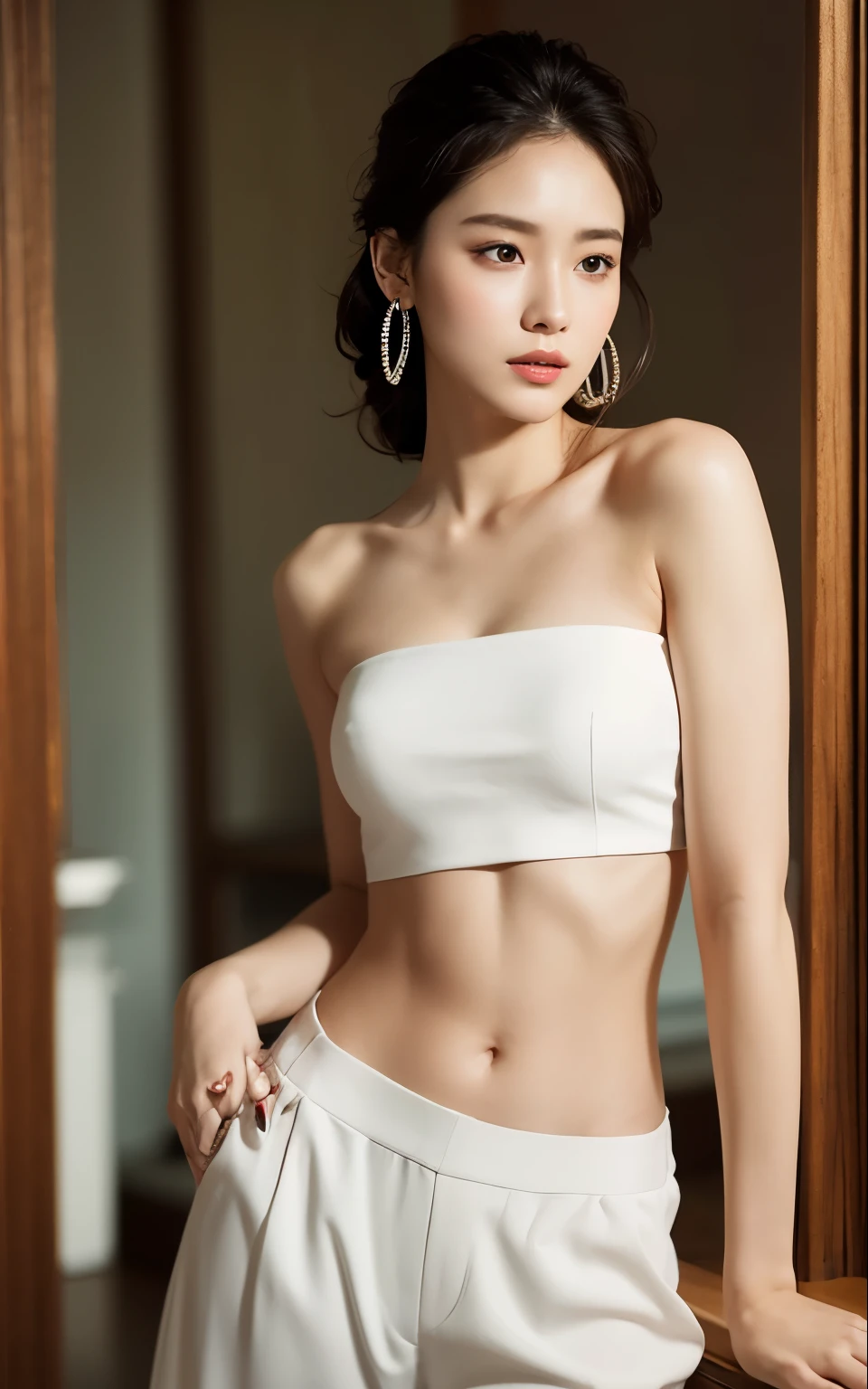 masterpiece, best quality, solo, 1girl, luminous skin, hoop earrings, glamorous, whimsical details, slicked hair, mesmerizing, bare shoulder, crop top, long pants, shallow depth of field, contrapposto, professional model, face front, portrait