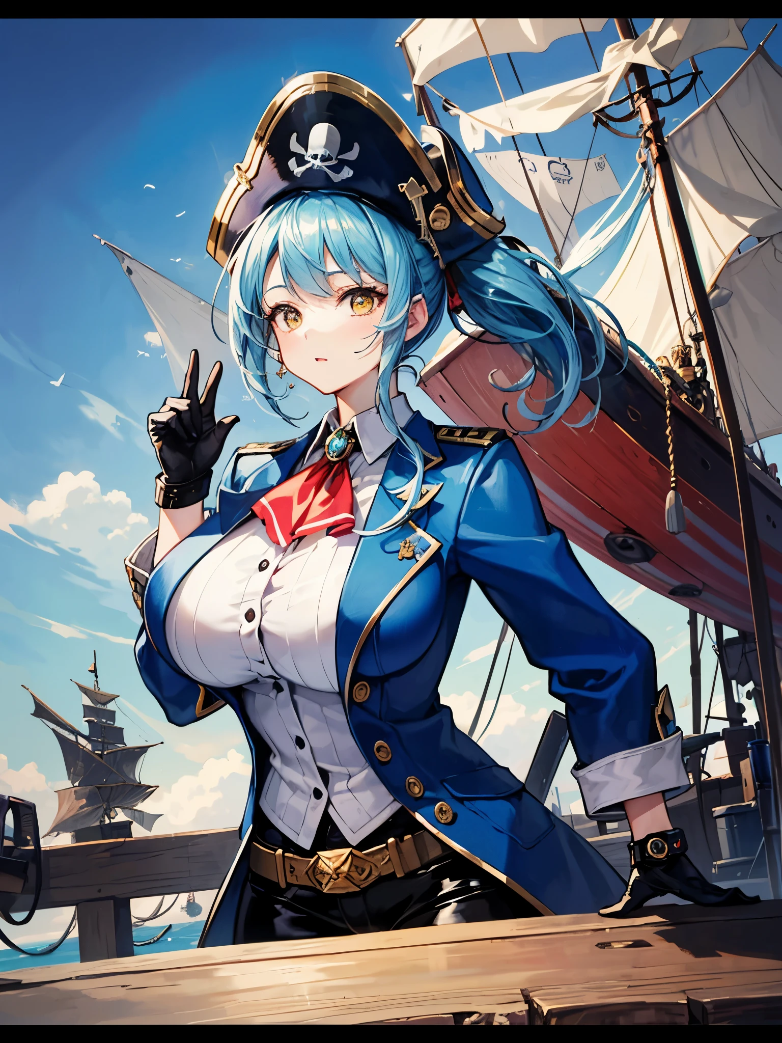(((masterpiece、Highest image quality、highest quality、highly detailed unity 8kwallpaper)))、((Illustration of one girl、upper body))、(((beautiful girl)))、(female pirate)、(Light light blue hair、short ponytail:1.2、yellow eyes)、(((Right hand is a prosthetic hand、steampunk prosthetic arm)))、((tall))、bulky figure, massive frame, thick neck, sturdy arms, powerful legs、(captain's suit、Pirate hat、Blue coat)、Pirate ship deck