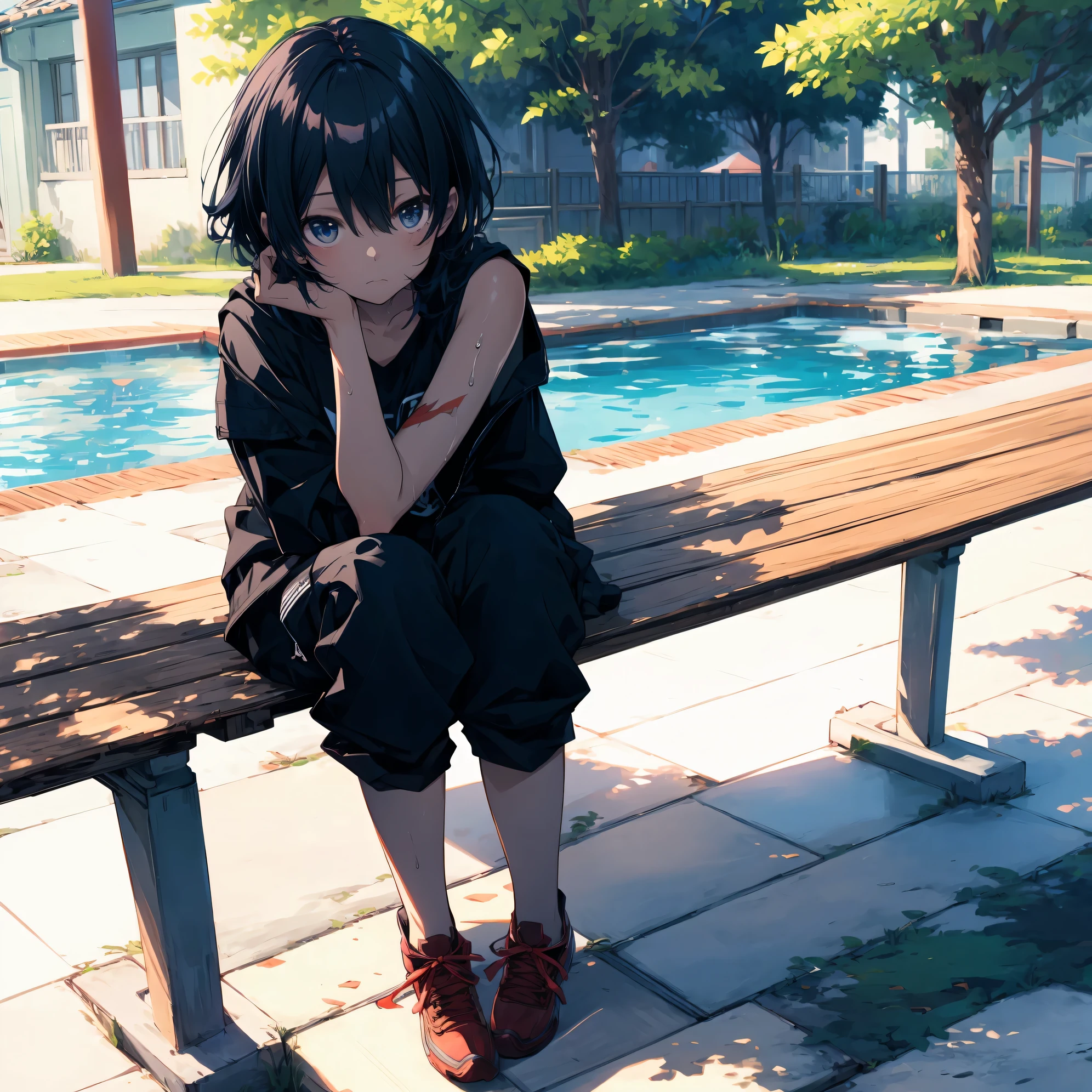 Super high quality by the art god, super detailed, High resolution, Shinkai Makoto style, anime moe art style, best anime 8K konachan wallpaper, pixiv contest winner, perfect anatomy, break,(水着を着た女の子がプールサイドのベンチにalone眠そうに座っている絵を描いてください.),break, surreal girl, (alone,lolita, , 13 years old:1.3),All limbs, full finger,, androgynous charm, (very short hair), Wet hair, small breasts,slender body, small ass, between legs, Small black eyes,hanme,beautiful and fine eyes, Well-proportioned iris and pupils, sleepy eyes, High resolutionの詳細な髪, School swimsuit wear,Wet, in School pool. break,super dense skin, Best lighting by famous artists, 8K, figure,