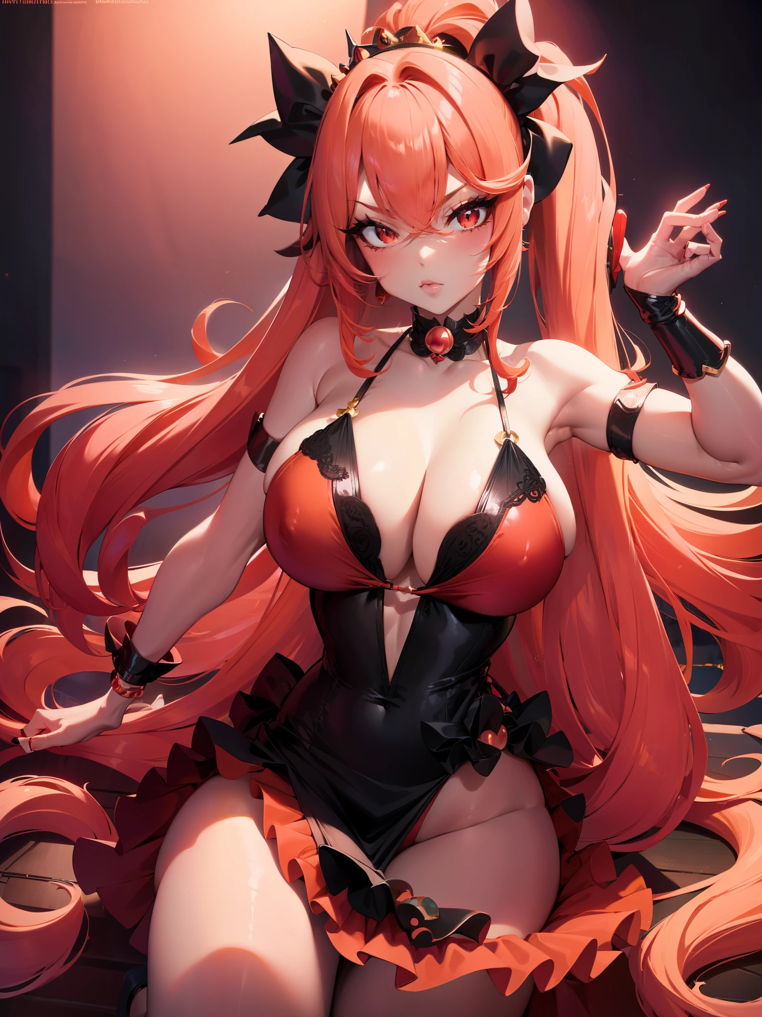 (Peach coloured hair) ,ponytail,black hair bow, red eyes, long eyelashes, , bimbo, dress, princess, crown, bikini, elbow gloves, anklet