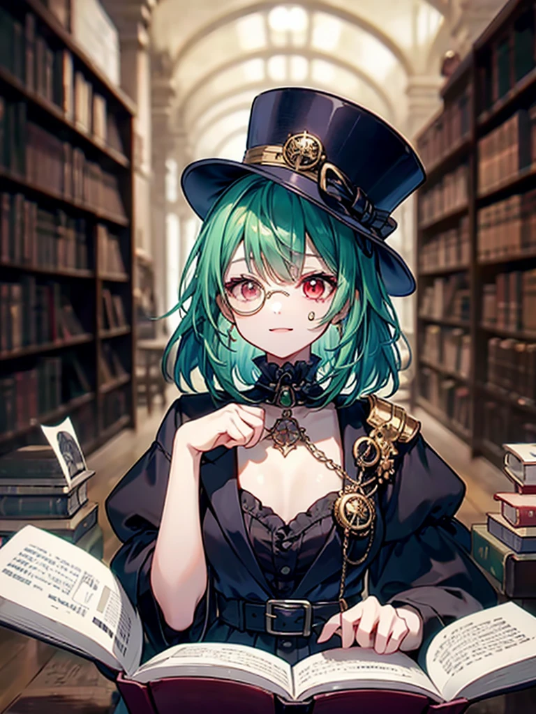 （（（masterpiece、Highest image quality、highest quality、highly detailed unity 8ｋwallpaper）））、（（Illustration of one girl、upper body））、（（（beautiful girl）））、（librarian）、（Emerald green hair、messy hair、sidelocks：1.2、red eyes、crazy smile）、（（（flat chest）））、（（（monocle）））、pocket watch、（（（Black top hat、Black tuxedo、belt）））、great medieval library、Large amount of books