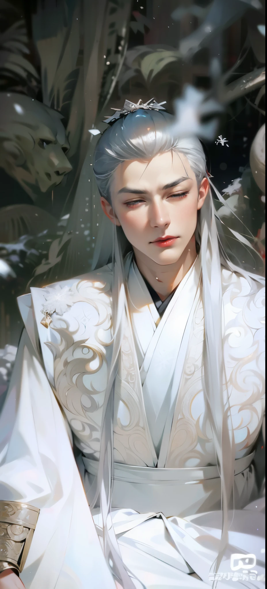 white hair,Young and handsome man,dressed white hanfu,bright red lips,snowflake,Eyes slightly closed,background bokeh