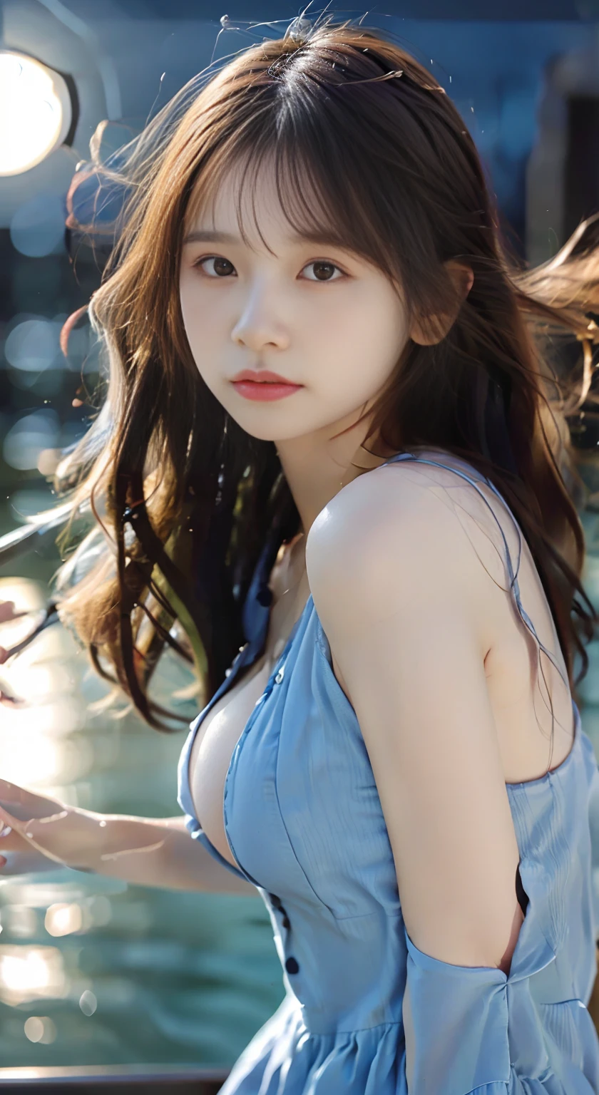 (Close up portrait of slender small breast with hair blowing in the wind in frilly dress。:1.5)、(Girl looking at full moon shining in sea in night sky:1.3)、(Full moon and late night sea :1.3)、(anatomically correct:1.3)、(full hand:1.3)、(full finger:1.3)、Photoreal、Raw photo、table top、highest quality、high resolution、delicate and beautiful、perfect face、beautiful and fine eyes、Fair skin、real human skin、pores、((thin legs))、(black hair)