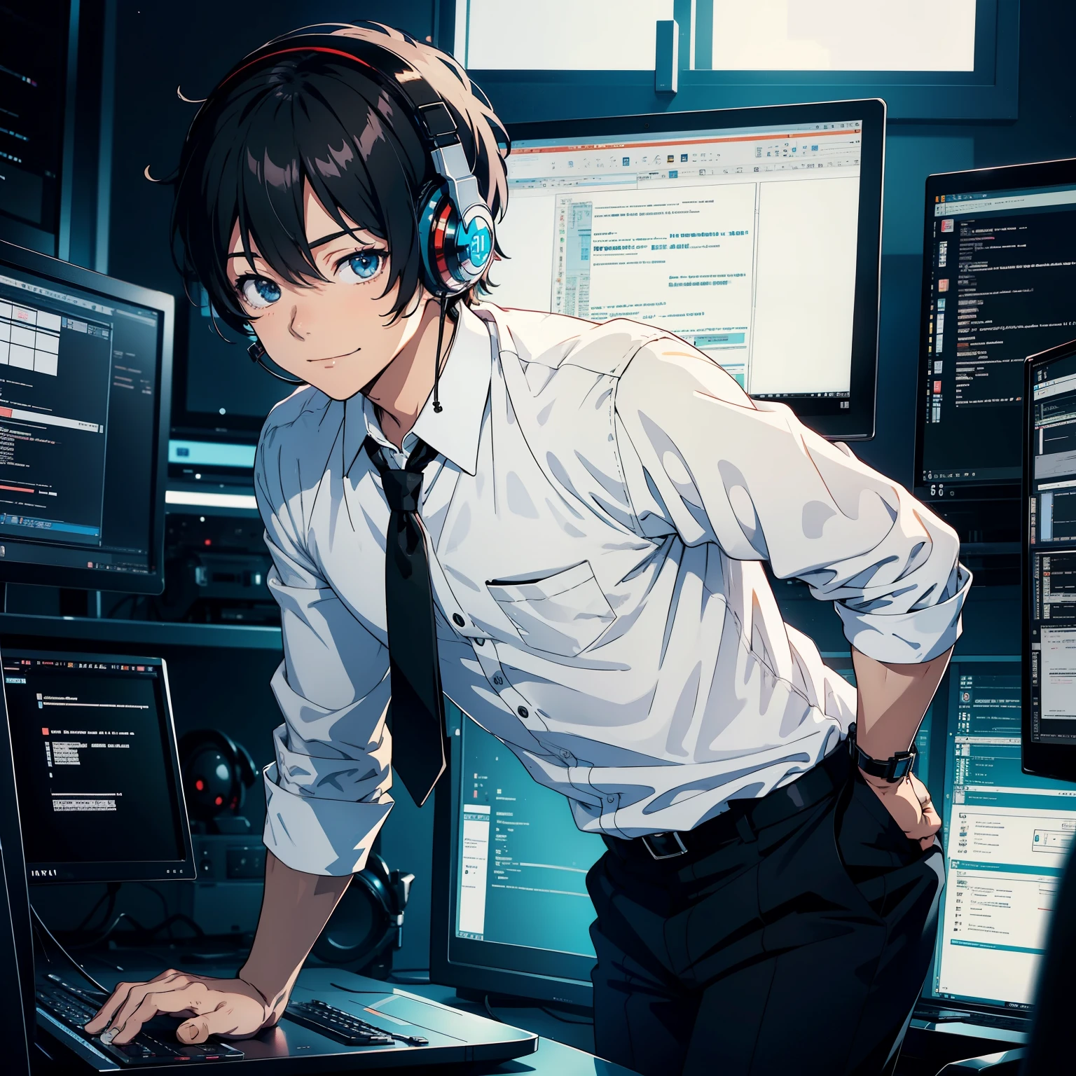 (best-quality:0.8), (best-quality:0.8), perfect anime illustration, high quality, award winning, highres, 8k,1boys, software engineering, headphones,smile, Happy,white shirt with black tie,Black pants,using computer, coding, school